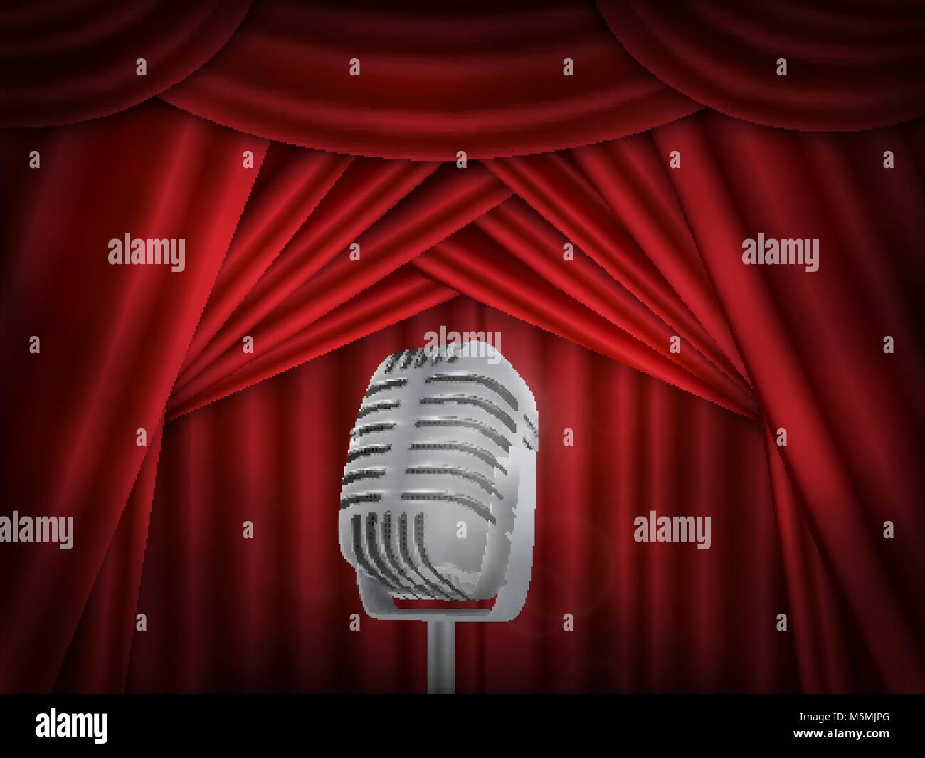 Vintage microfono in metallo. Di seta rossa sullo sfondo a tendina. Mic retrò sul teatro vuoto stadio. Illustrazione Vettoriale