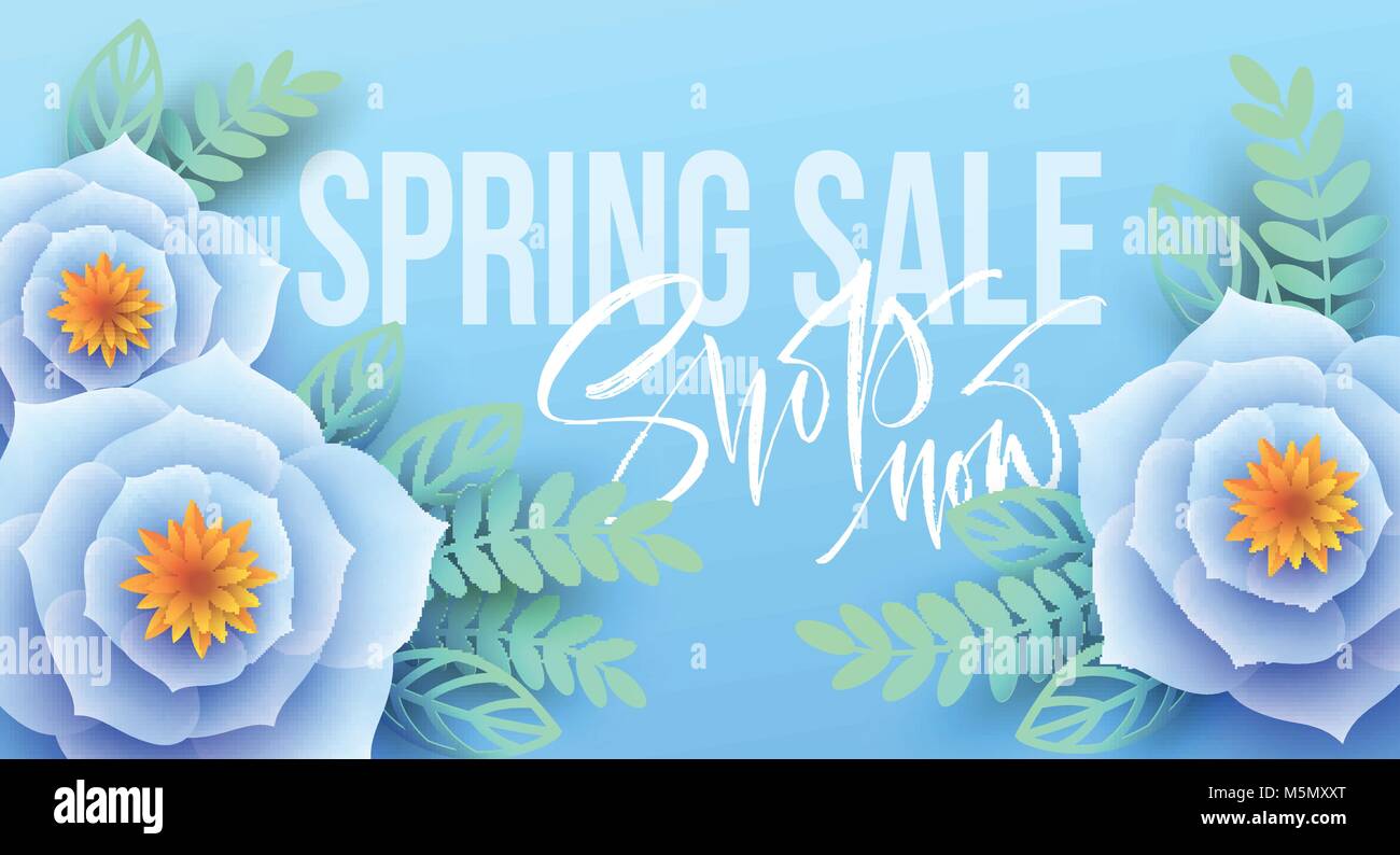 La molla vendita banner con fiori di carta e calligrafia lettering. Illustrazione Vettoriale Illustrazione Vettoriale