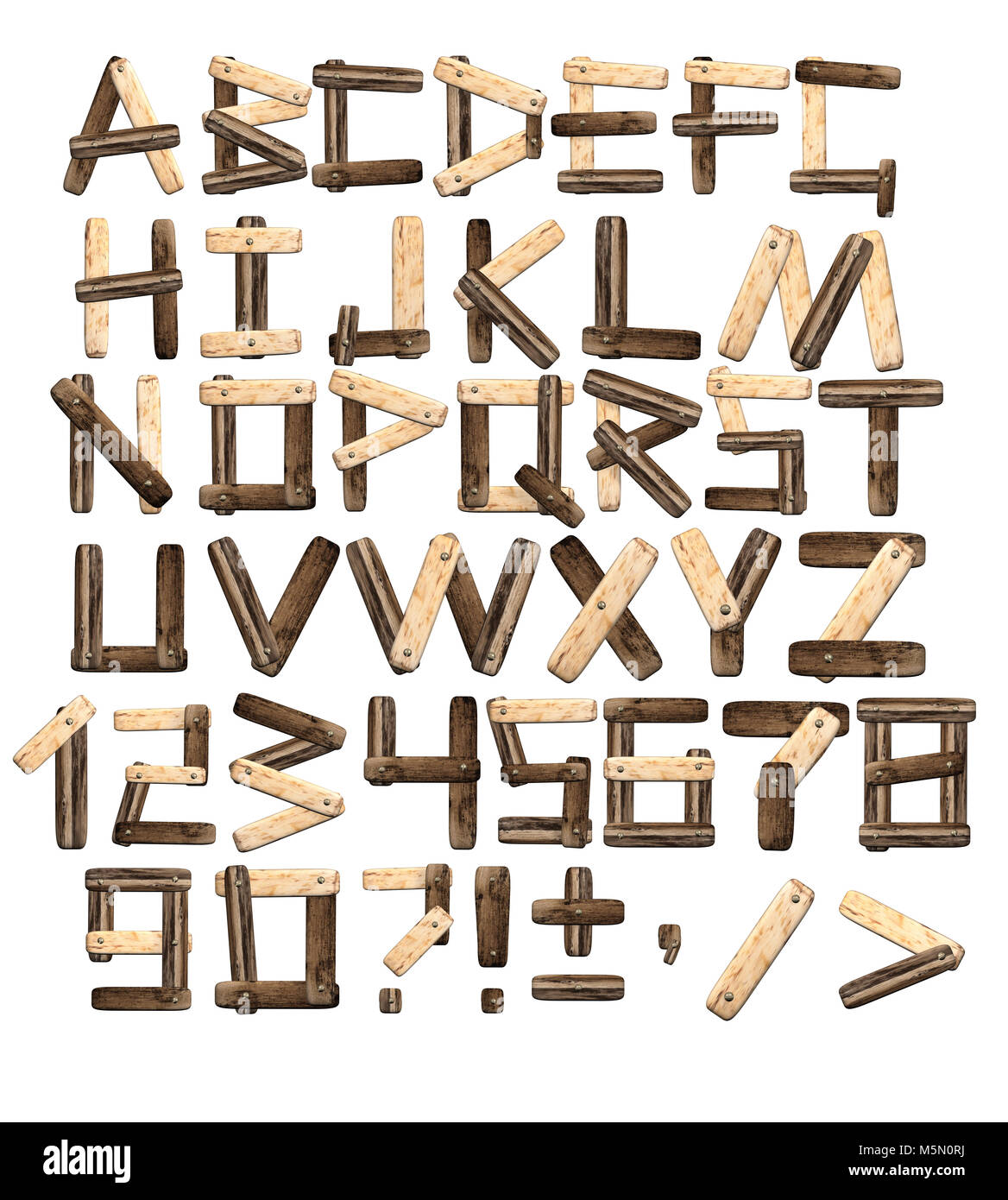 Alfabeto con lettere dal vecchio di tavole di legno e corteccia. 3D render  Foto stock - Alamy