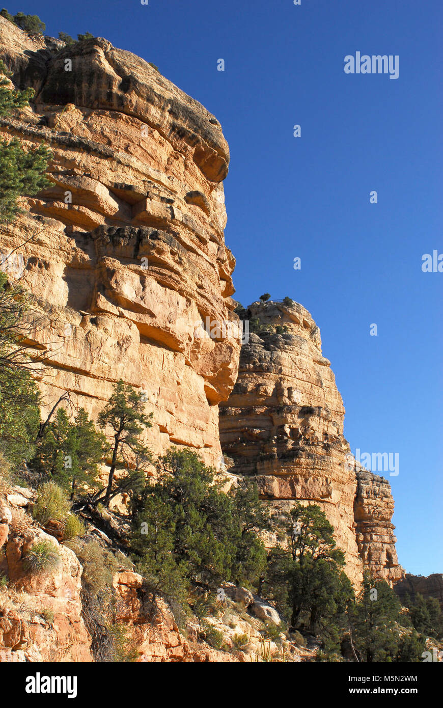 Parco Nazionale del Grand Canyon- Kaibab al di sotto del bordo . Il cerchio del Grand Canyon è orlato da Kaibab calcare. Come si cammina nel Grand Canyon, è possibile vedere questo incredibile livello da sotto, come questa vista dal Bright Angel Trail. Foto Stock