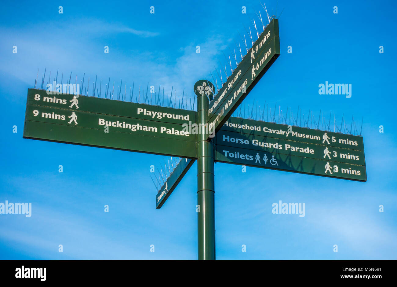 Cartello verde contro un cielo blu, a St James Park, che mostra i luoghi locali e il tempo che impiega a raggiungerlo a piedi. Central London SW1A, Inghilterra, Regno Unito. Foto Stock