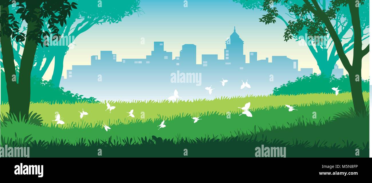 Allegra giornata estiva nel parco. Vista di alberi, prati, boccole e dello skyline della citta'. Illustrazione Vettoriale