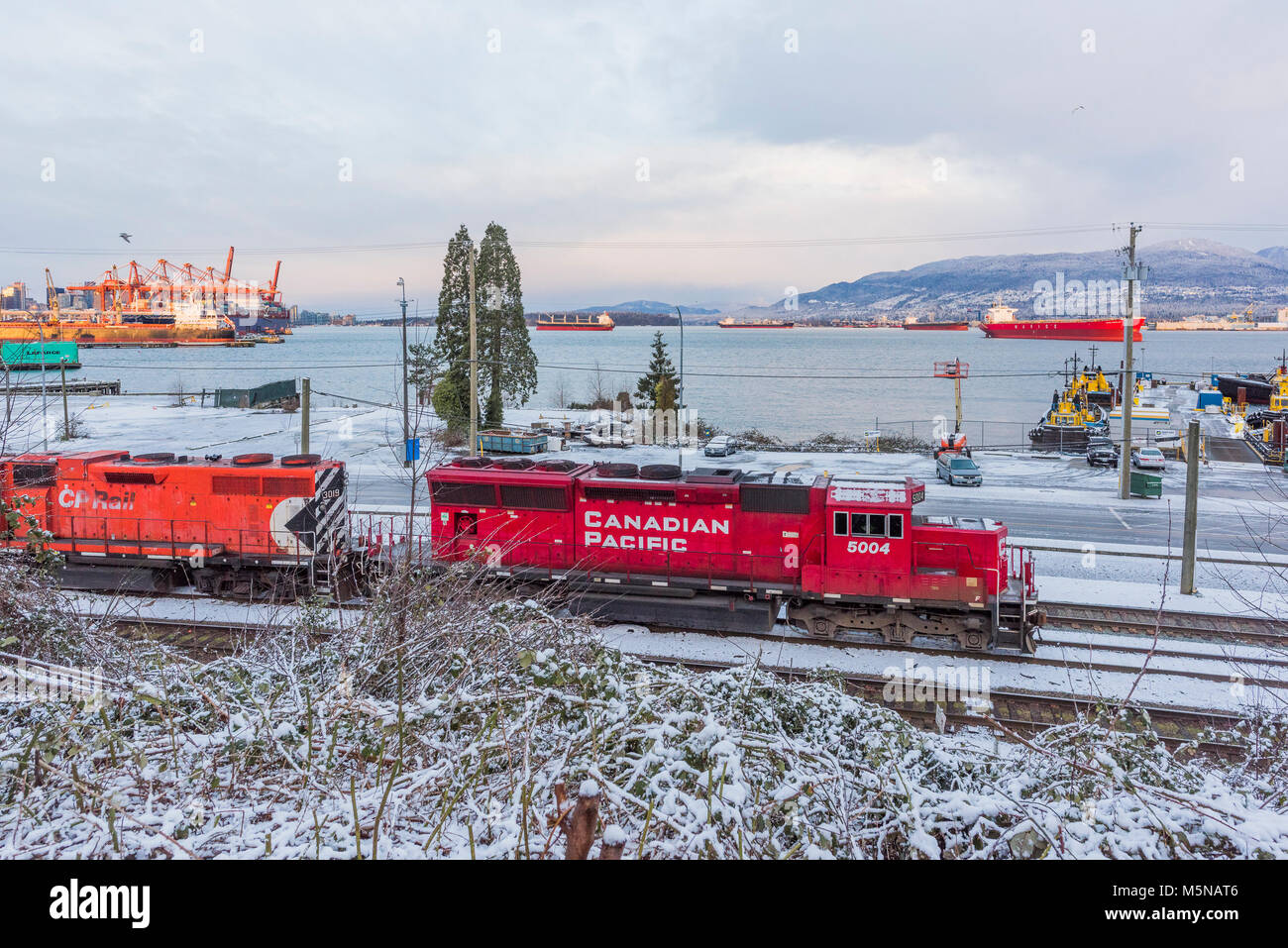 Treno merci, Porto di Vancouver, Vancouver, British Columbia, Canada. Foto Stock