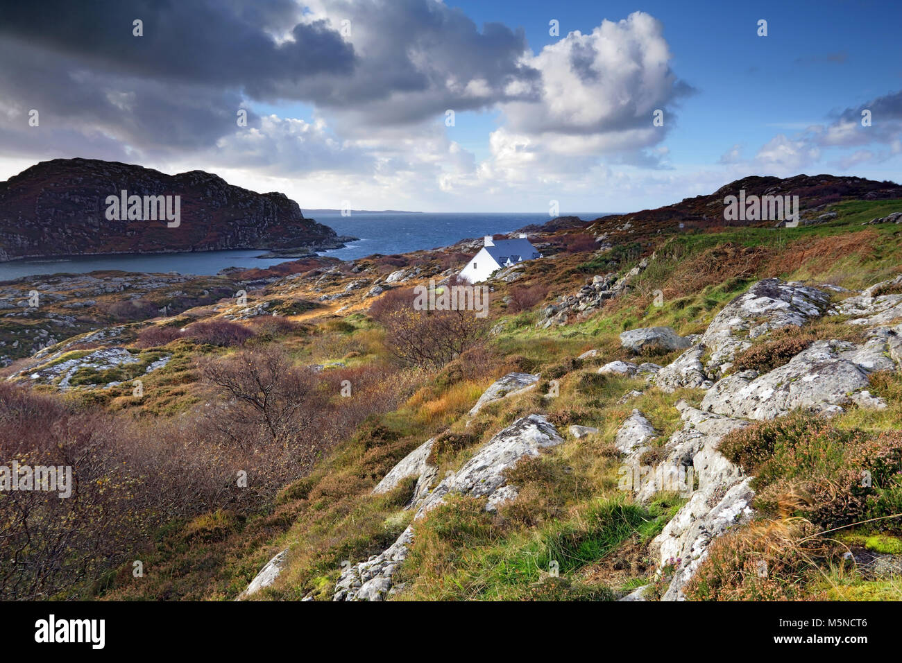 Una vista di fronte di un aspro paesaggio verso Loch Roe nelle Highlands Scozzesi. Foto Stock