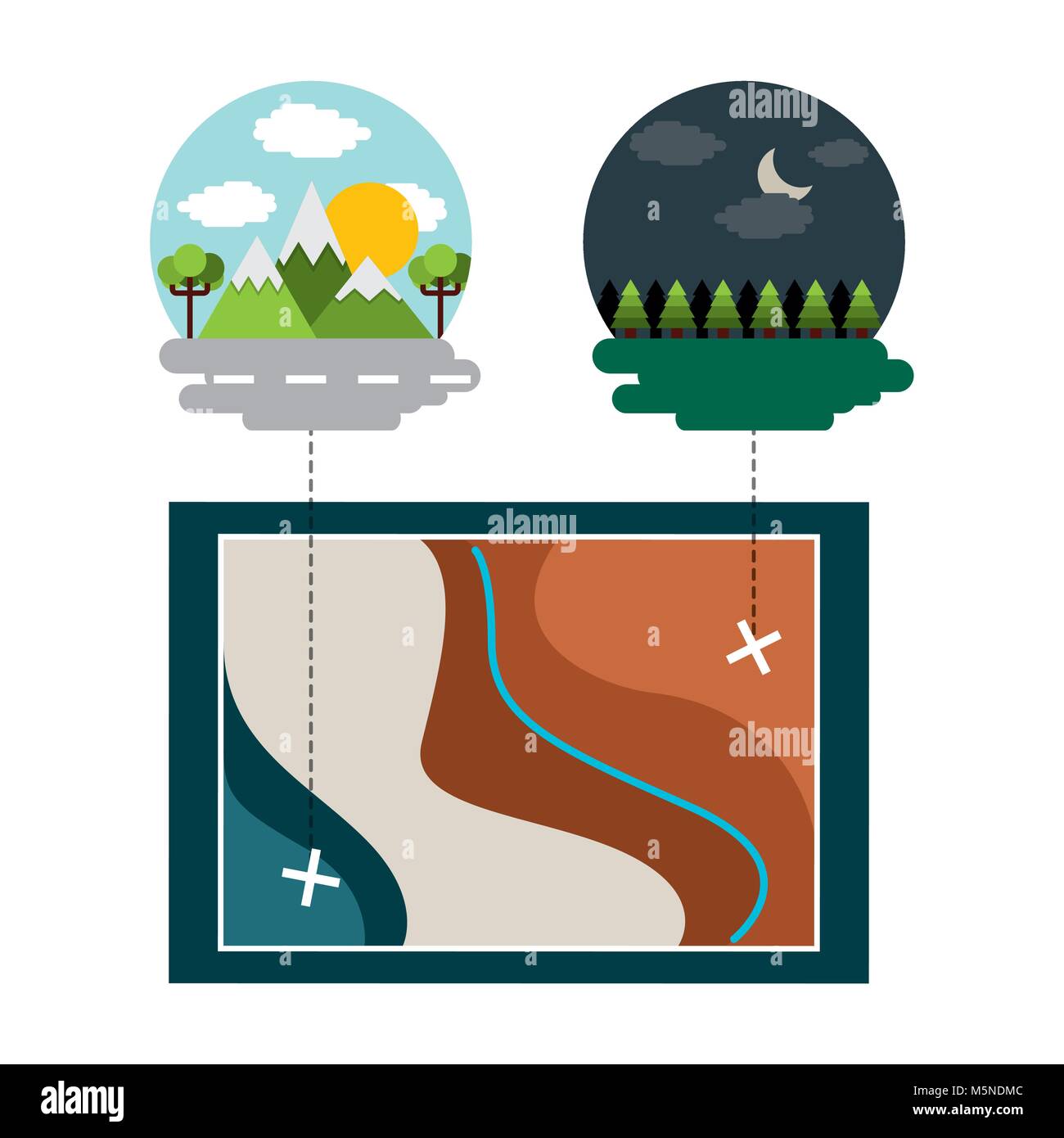 Mappa località panorama notturno di mattina Foresta Montagne Illustrazione Vettoriale