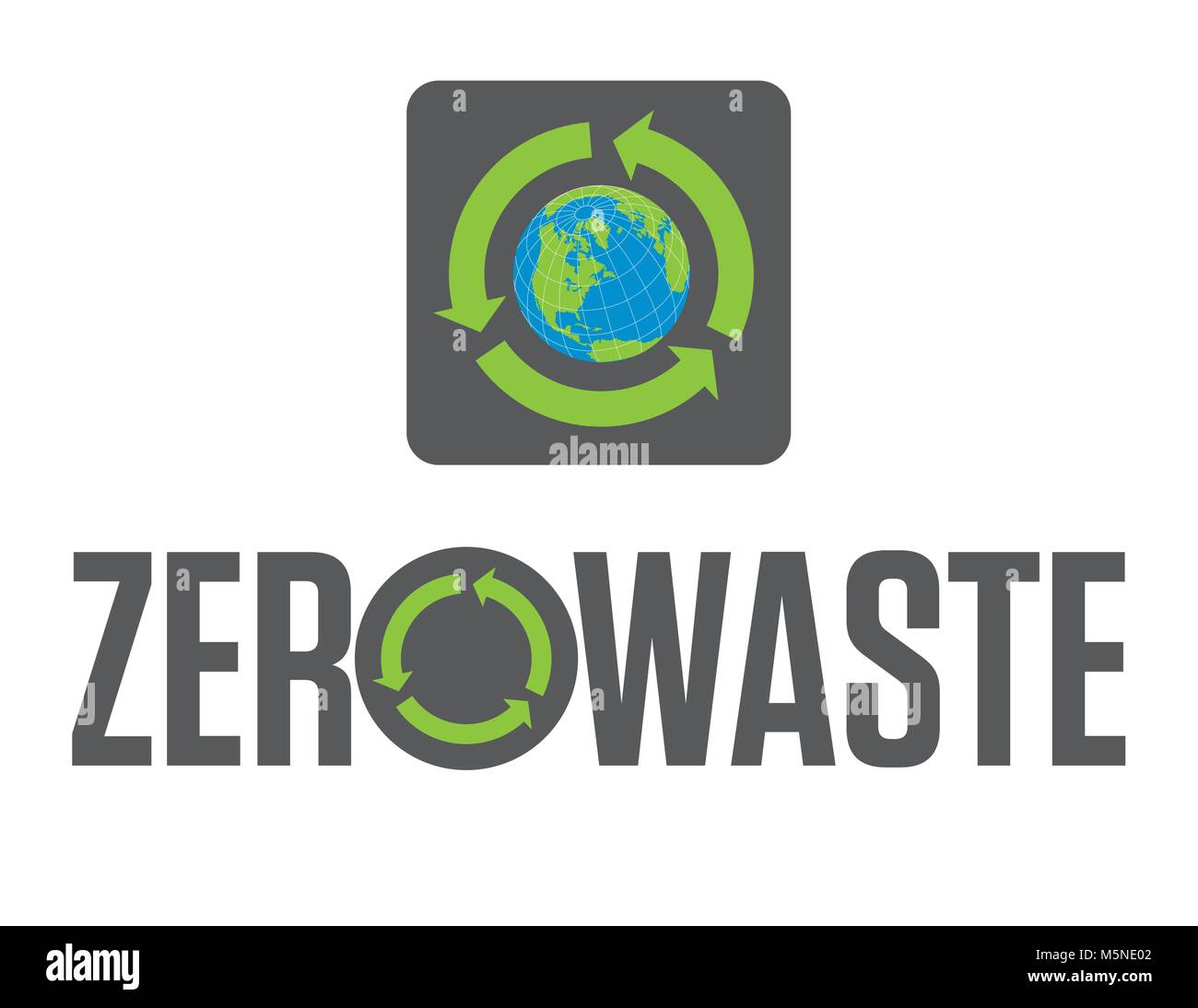 Rifiuti Zero Badge o emblema disegno vettoriale. Set di due Rifiuti Zero elementi di design grafico con riciclo rotante Frecce simbolo e il pianeta Terra e la relativa icona. Illustrazione Vettoriale