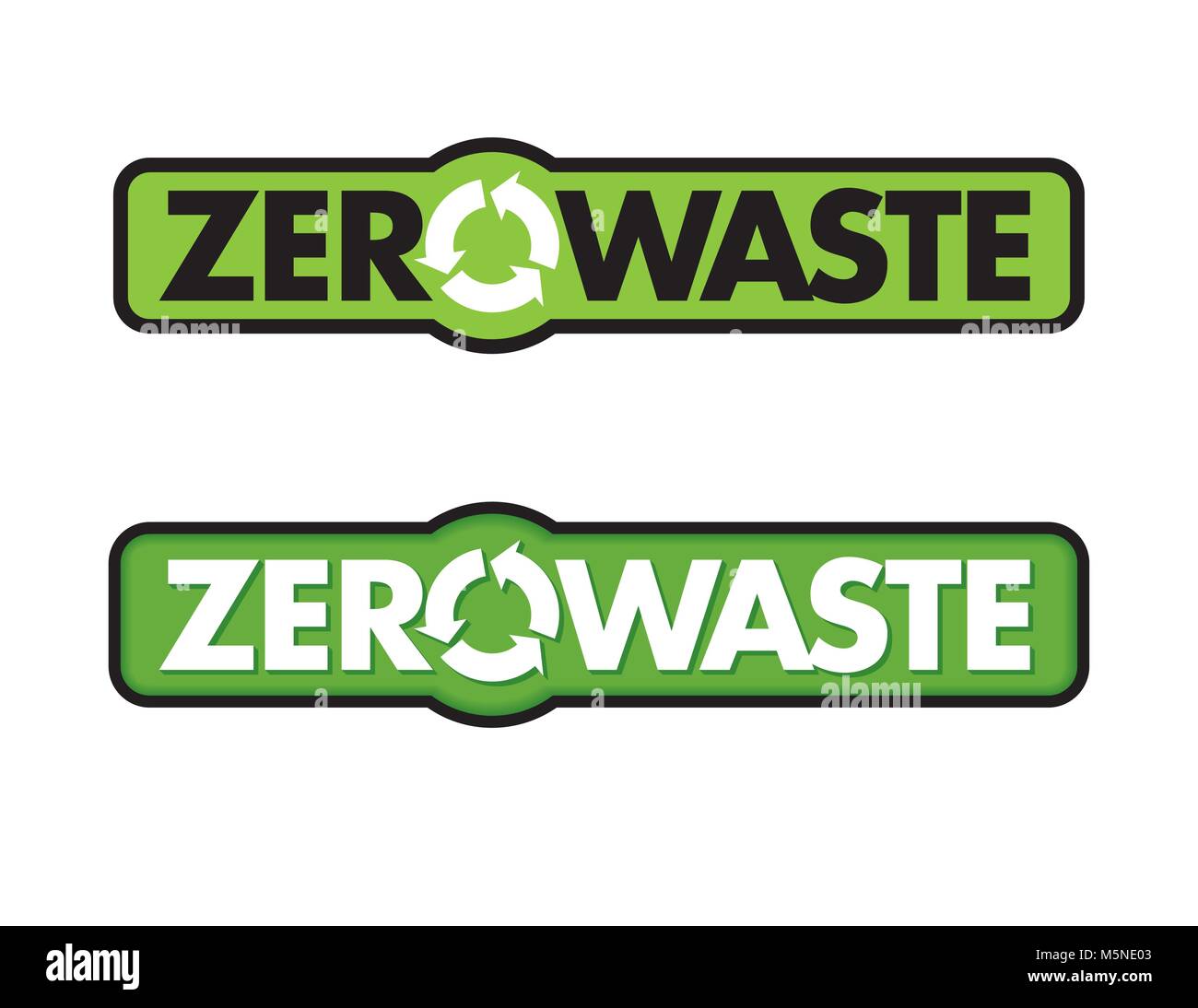 Rifiuti Zero Badge o emblema disegno vettoriale. Set di due Rifiuti Zero elementi di design grafico con riciclo rotante Frecce simbolo e il pianeta Terra e la relativa icona. Illustrazione Vettoriale
