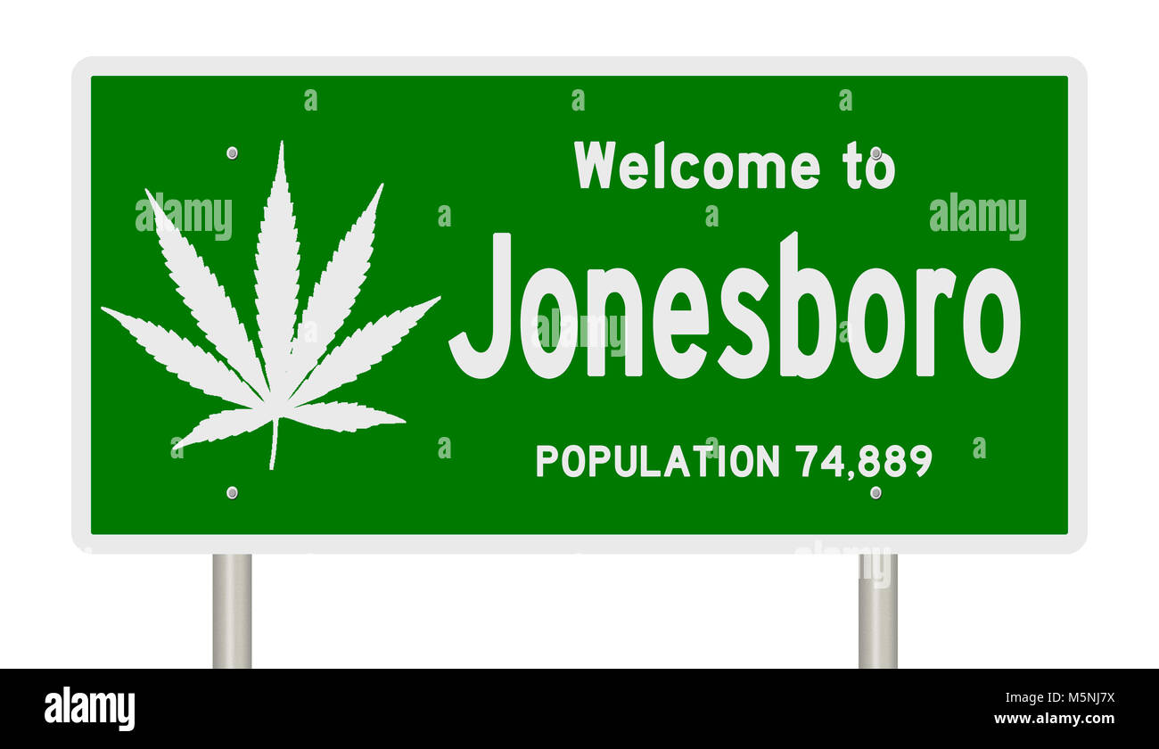 Il rendering di un verde autostrada segno con foglia di marijuana per Jonesboro Arkansas Foto Stock