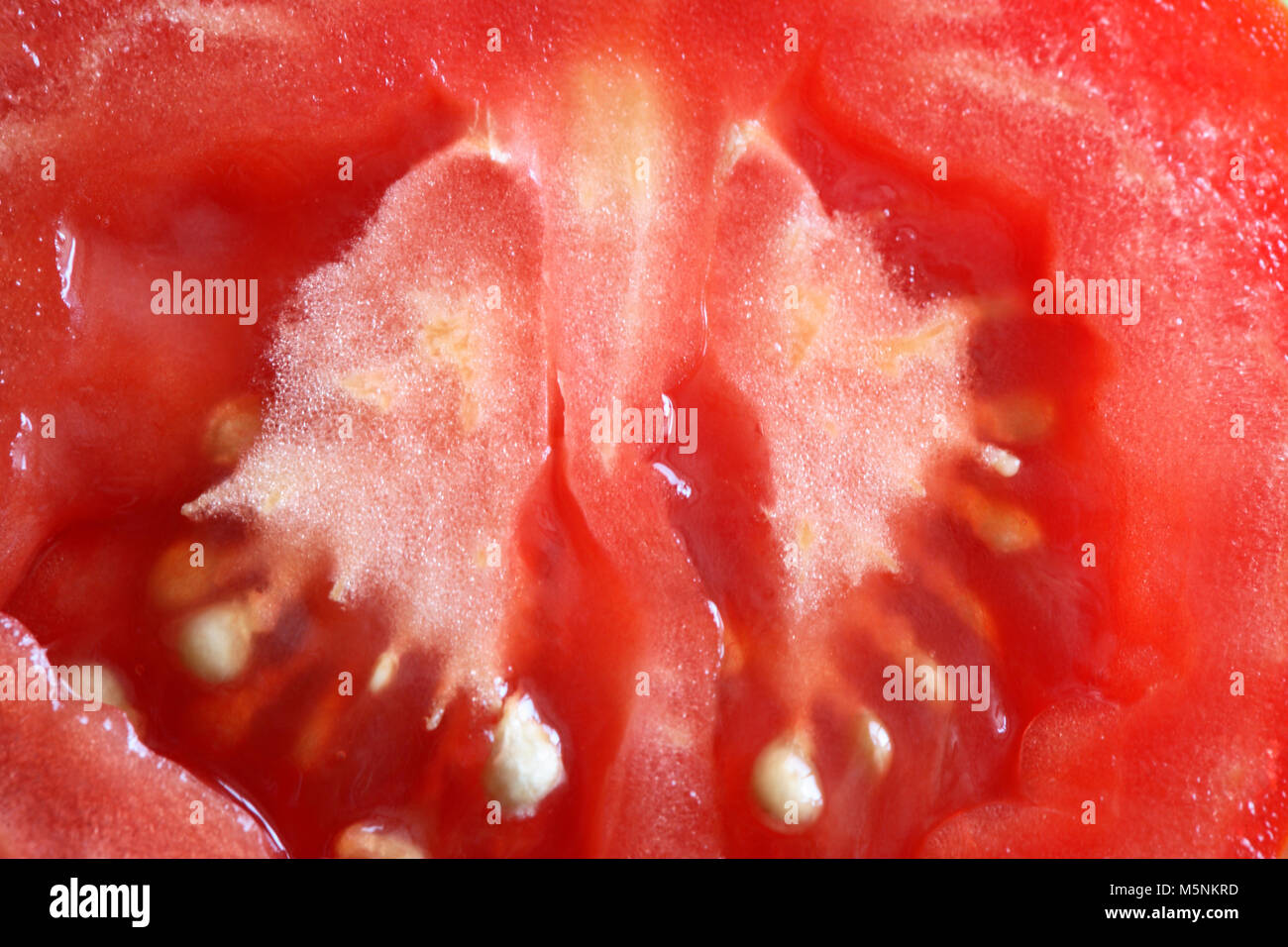 Fette di pomodoro extreme closeup sfondo rosso Foto Stock