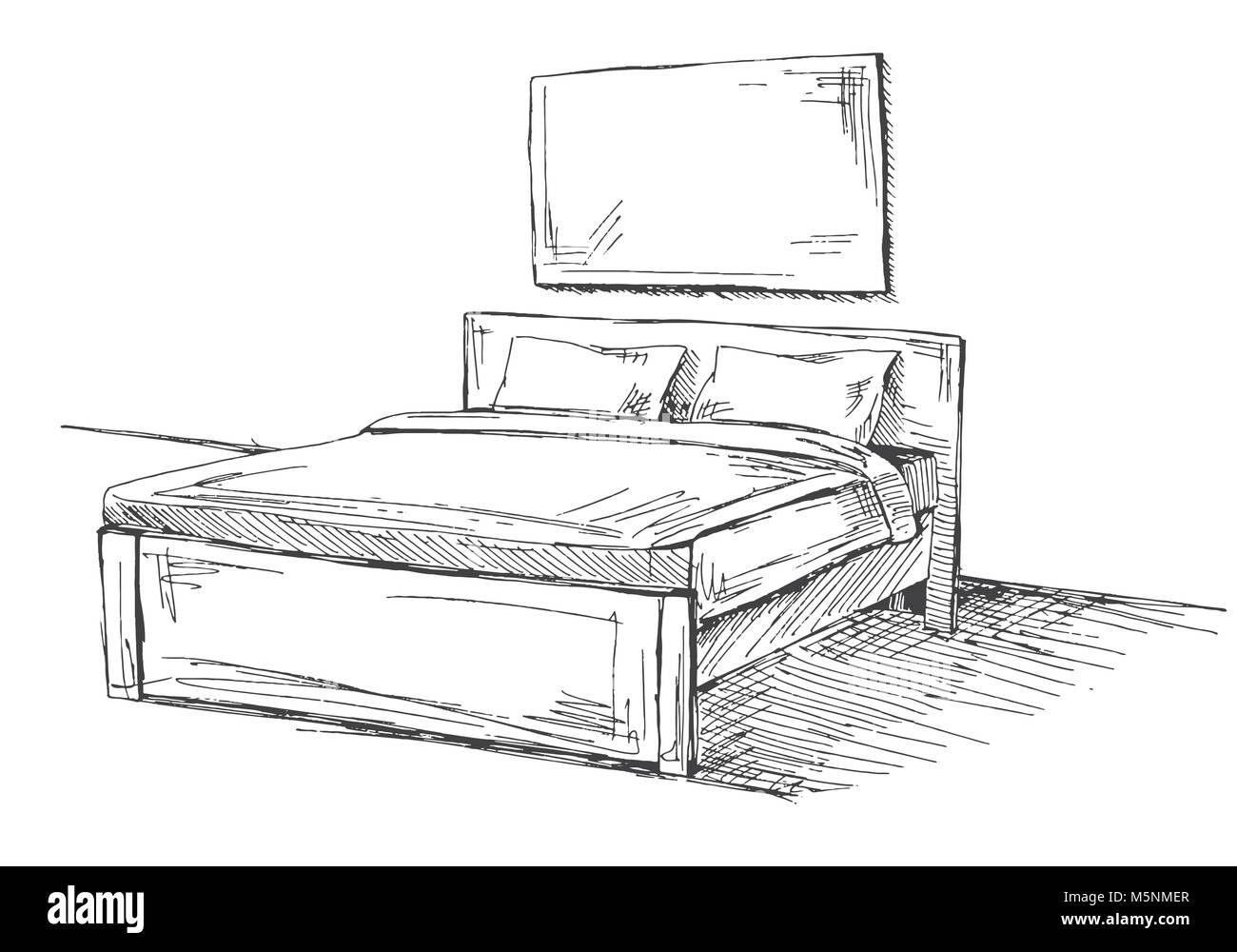 Letto doppio isolato su sfondo bianco. Illustrazione Vettoriale nel ...