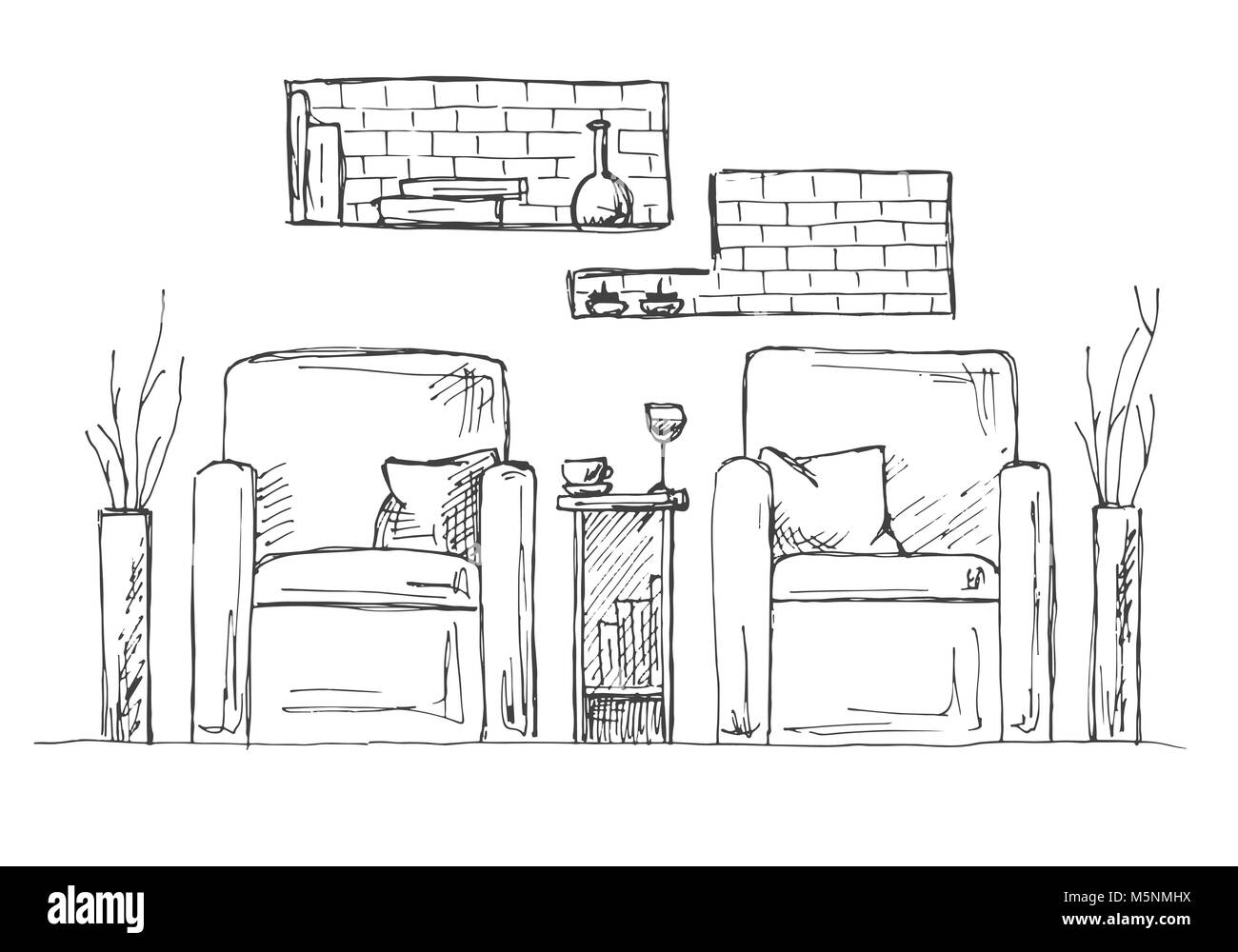 Due poltrone e un tavolo alto. Vaso con fiori sul tavolo. Disegnata a mano interno. Illustrazione Vettoriale in stile di disegno Illustrazione Vettoriale