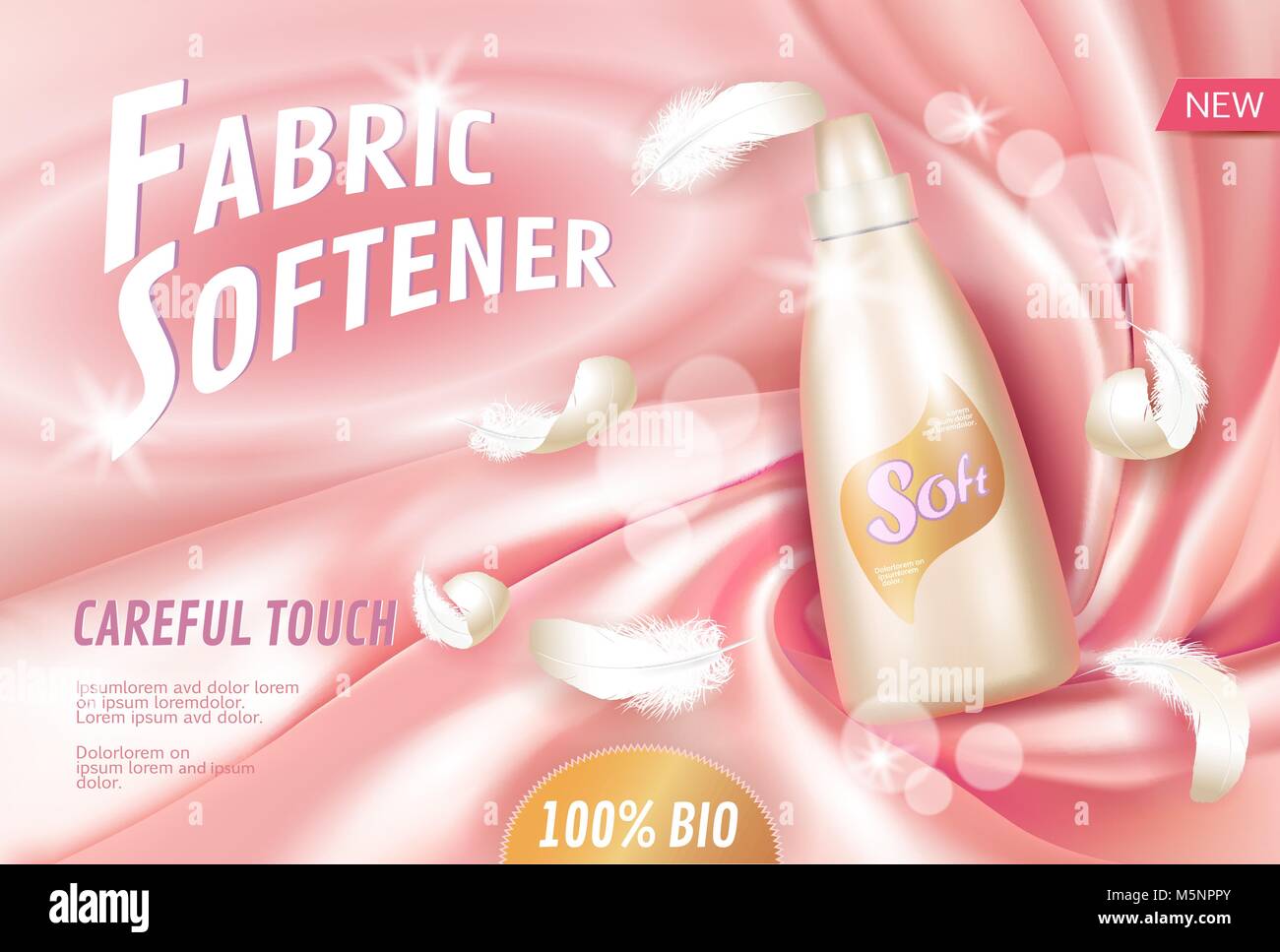Realistico detergenti per bucato ammorbidente per tessuto. Contenitore di tubo inserzionista sfondo luminoso di seta tessuto soffice piuma bianco. Modello tridimensionale mock up del branding promuovere luxury home prodotto illustrazione vettoriale Illustrazione Vettoriale