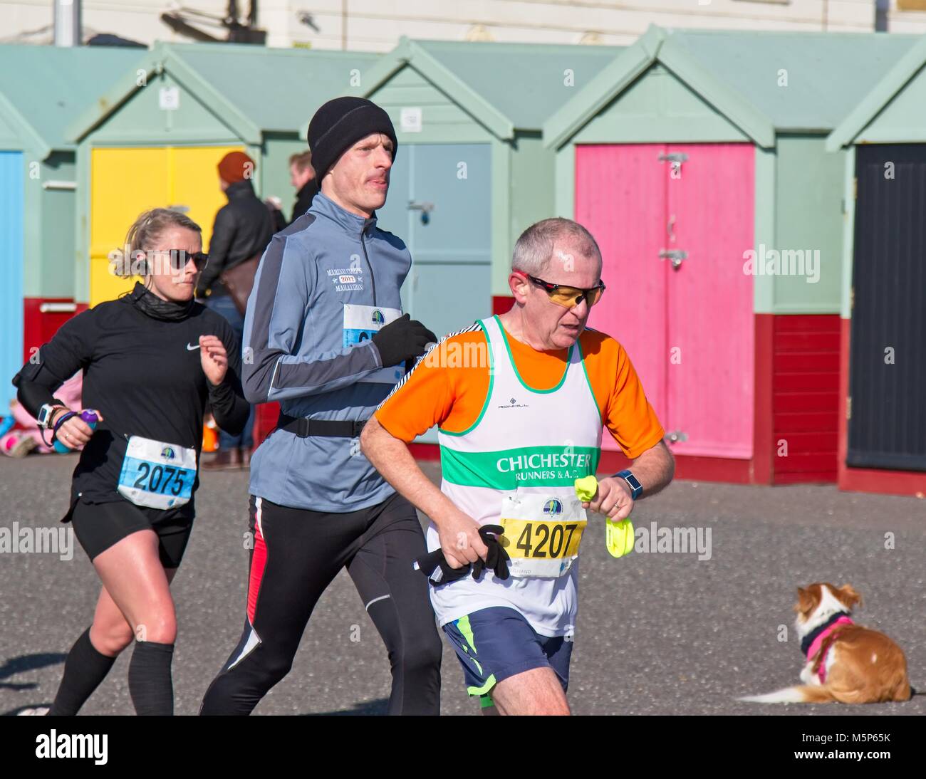 Brighton, Regno Unito. Il 25 febbraio, 2018. Migliaia di corridori braved vicino a temperature di congelamento per partecipare al Grand Brighton Mezza Maratona 2018, passando per i punti di riferimento compreso il Palace Pier, marina, ovingdean scogliere, il Royal Pavilion, Molo Ovest e la laguna, in Brighton e Hove, Regno Unito. Credito: N Papa - Editoriale/Alamy Live News. Foto Stock