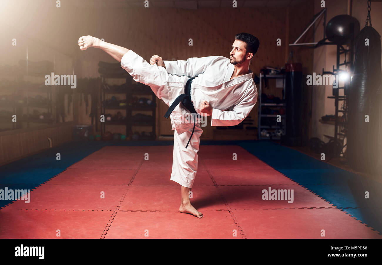 Arti marziali, uomo in kimono bianco con cintura nera, formazione di karate  kata in palestra Foto stock - Alamy