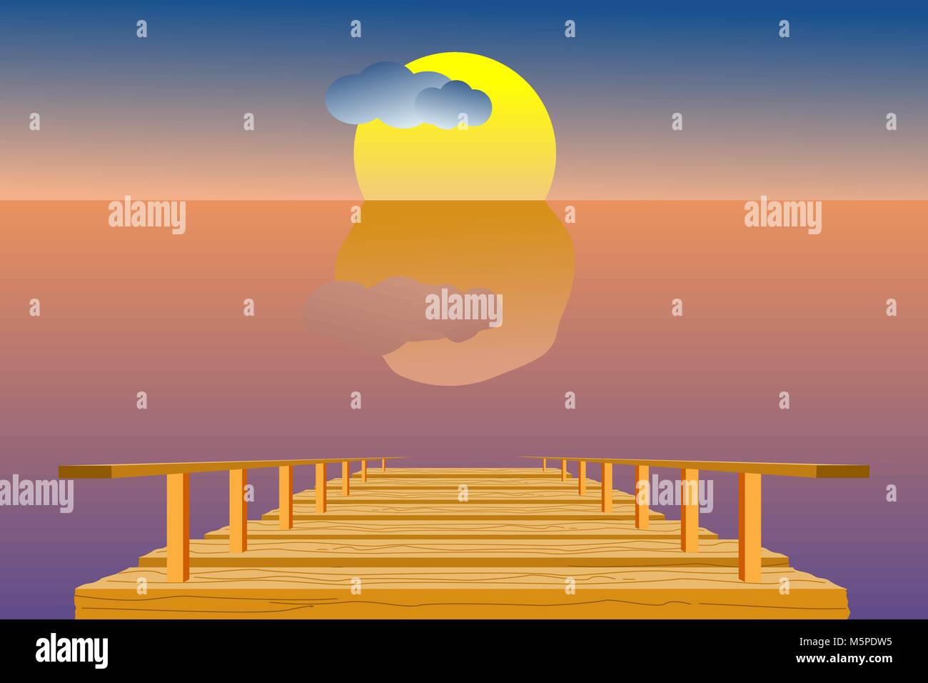 Il molo di legno in mare con il cielo, il sole, le nuvole e la linea di orizzonte; durante il crepuscolo del tempo. Illustrazione Vettoriale