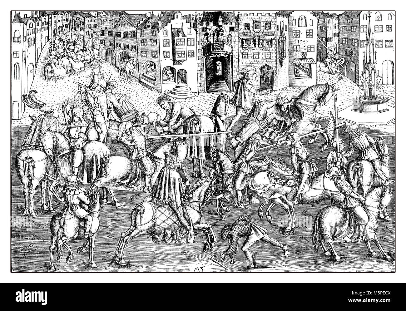 Torneo in München in presenza di Albrecht IV di Baviera. La riproduzione da una incisione di Zafinger Matthaeus, anno 1500 Foto Stock