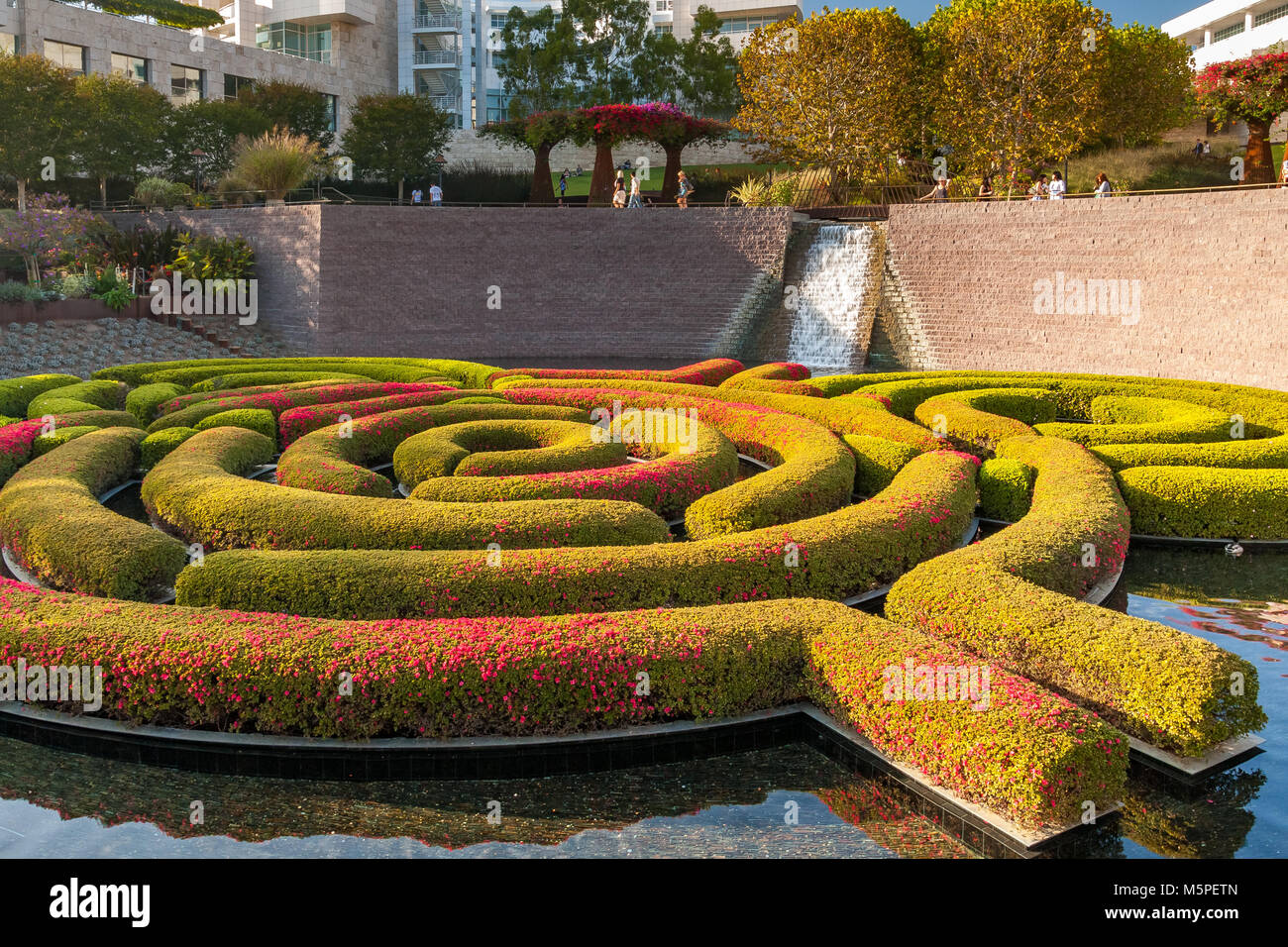 Il Getty Center giardini centrali che mostra il labirinto a spirale ,un labirinto flottante realizzato da azalee creato dall'artista Robert Irwin , Brentwood, Los Angeles . Foto Stock