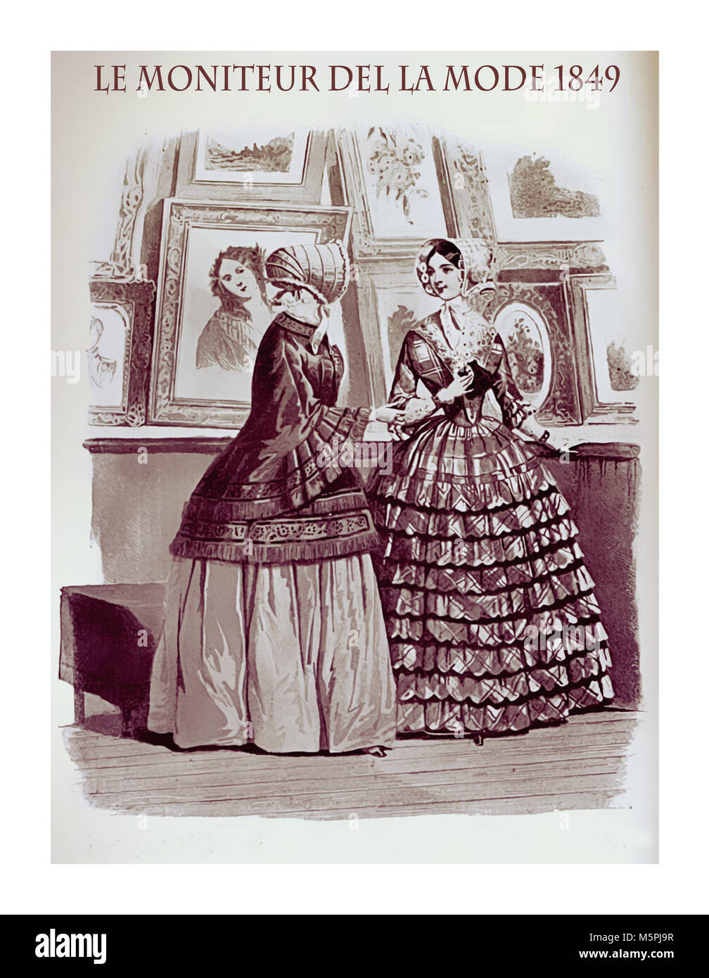 1849 moda vintage, rivista francese Le Moniteur de la Mode presenta due giovani donne a una mostra di pittura con estro flounced gonne e eleganti cofani Foto Stock