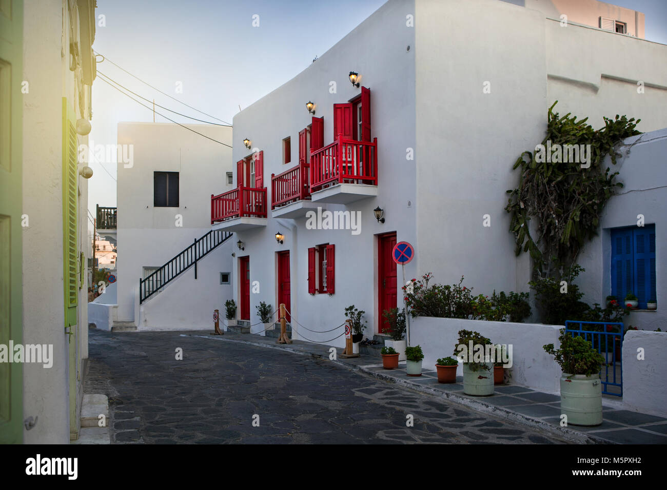 Isola di Mykonos le strade e architettura tradizionale Foto Stock