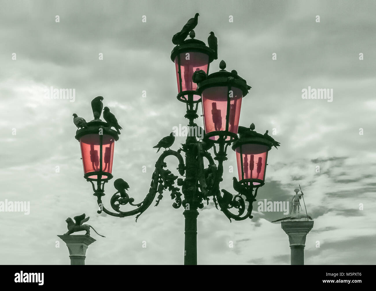 Un lampione con piccioni su di esso con la San Marco e di San Teodoro le colonne in backrgound, Piazza San Marco, Venezia, Italia. Foto Stock