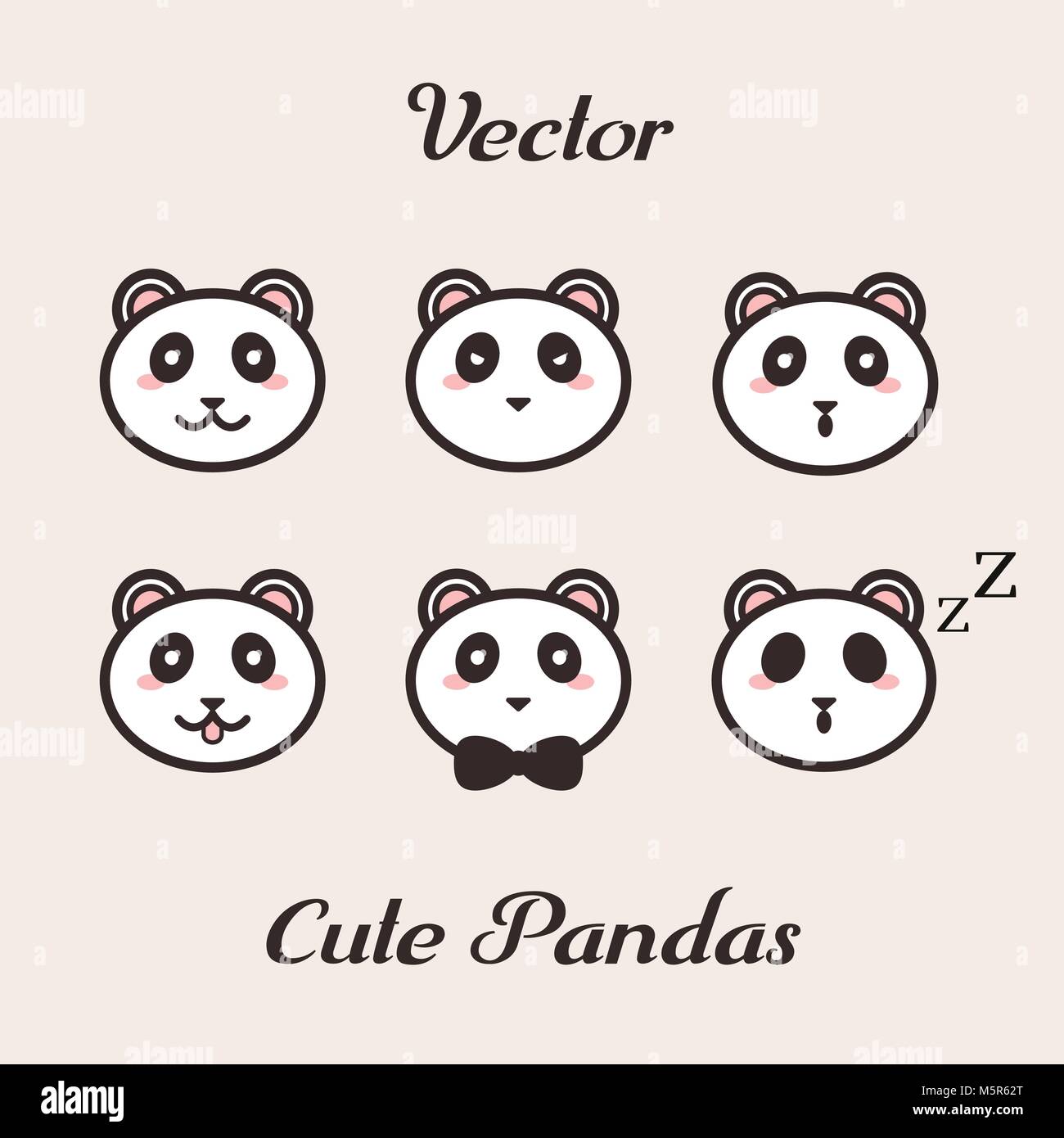 Vettore panda carino con diversi set di emozioni. Arrabbiato, felice, dormire, sorpresi e che mostra la linguetta. Illustrazione Vettoriale