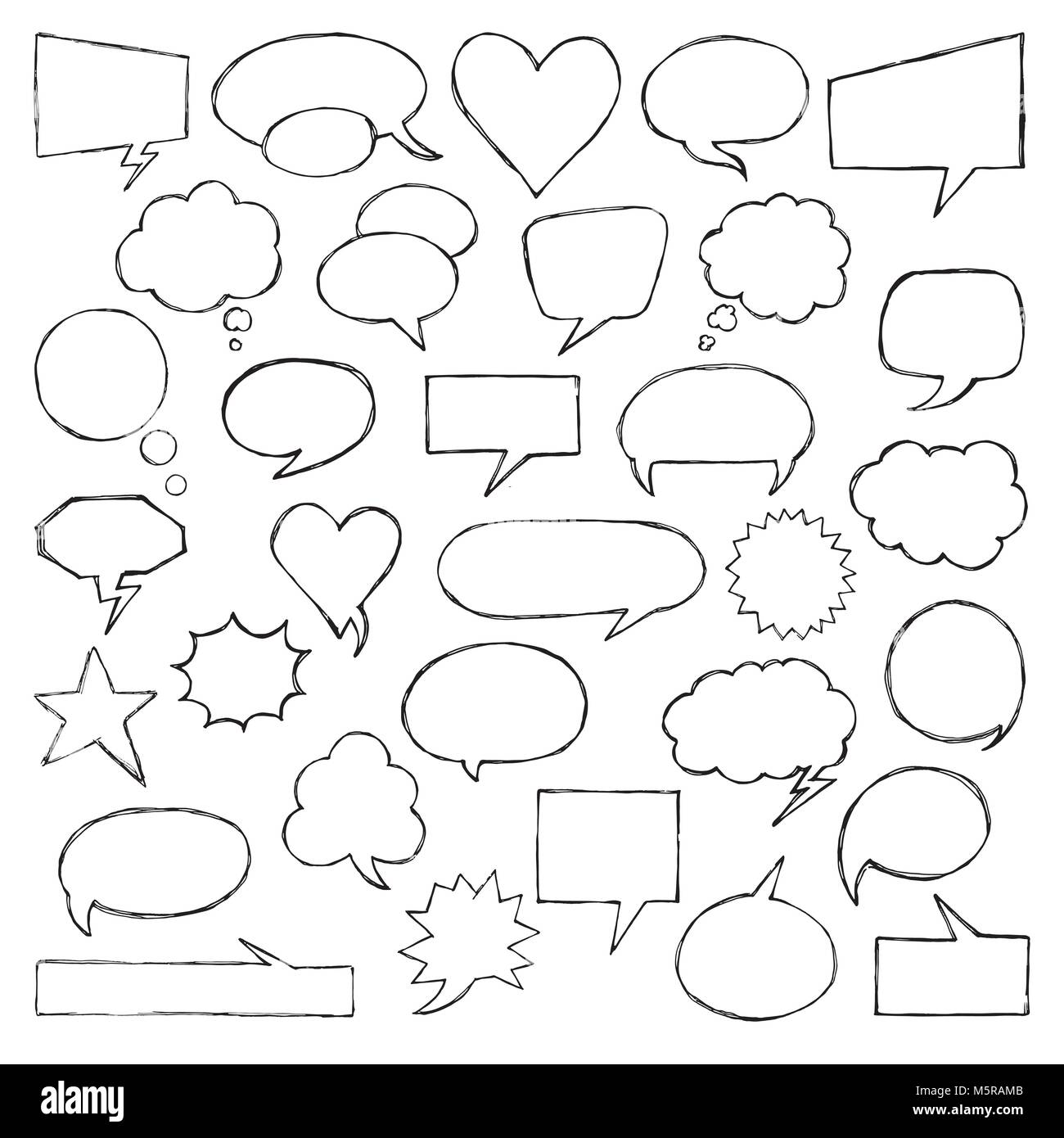 Penso di parlare i fumetti. Collezione artistica di disegnato a mano stile doodle palloncino comico, cloud e di cuore. Illustrazione Vettoriale nel disegno stile. Illustrazione Vettoriale