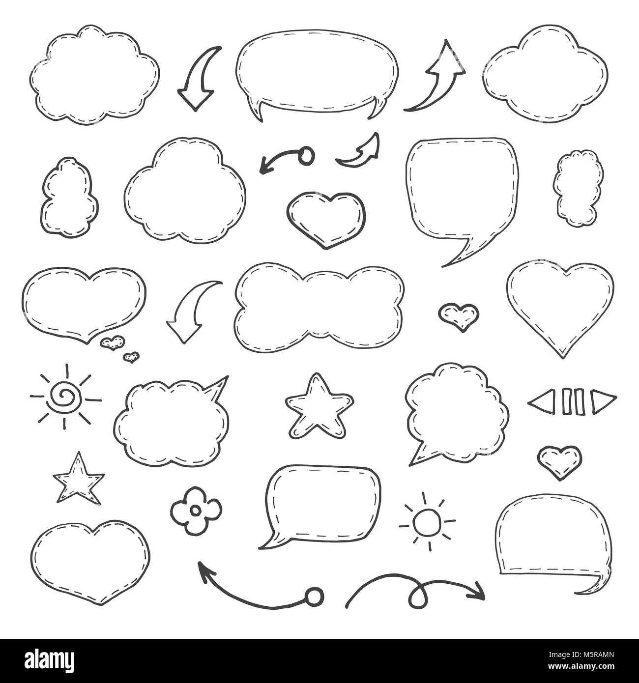 Pensare e parlare di fumetti. Collezione artistica di disegnato a mano stile doodle palloncino comico, cloud e di cuore. Illustrazione Vettoriale nel disegno stile. Illustrazione Vettoriale