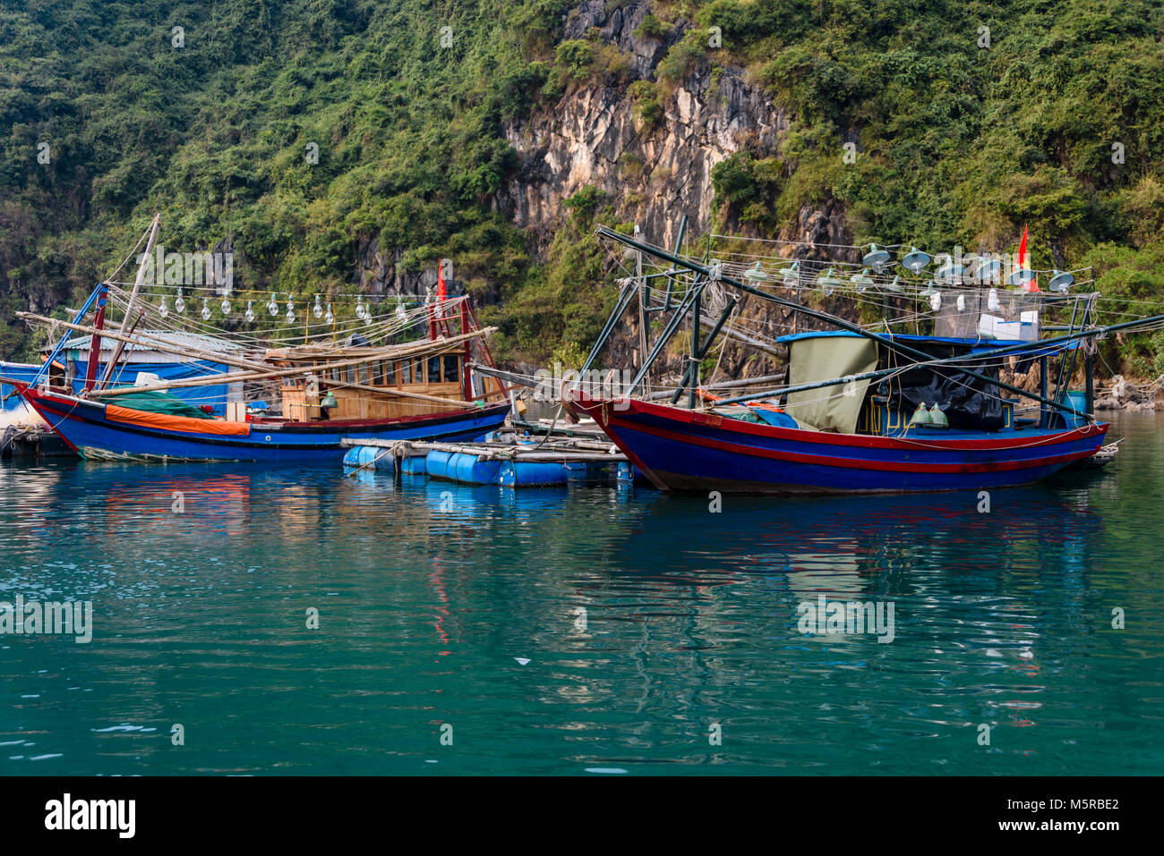 Barche di calamari con potenti lampadine al Cua Van villaggio galleggiante di Halong Bay, Vietnam Foto Stock