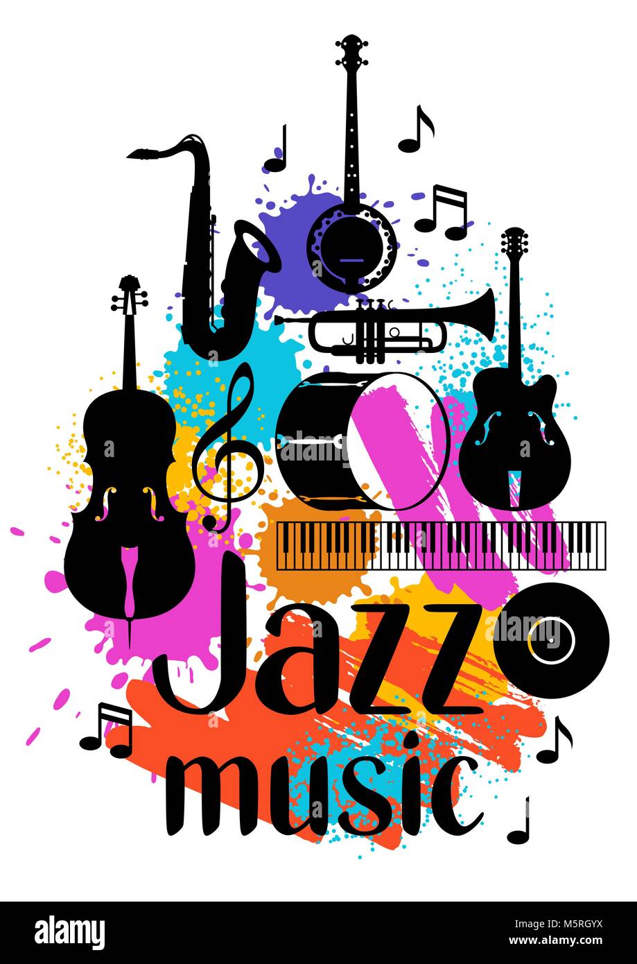 La musica jazz grunge poster con strumenti musicali Illustrazione Vettoriale