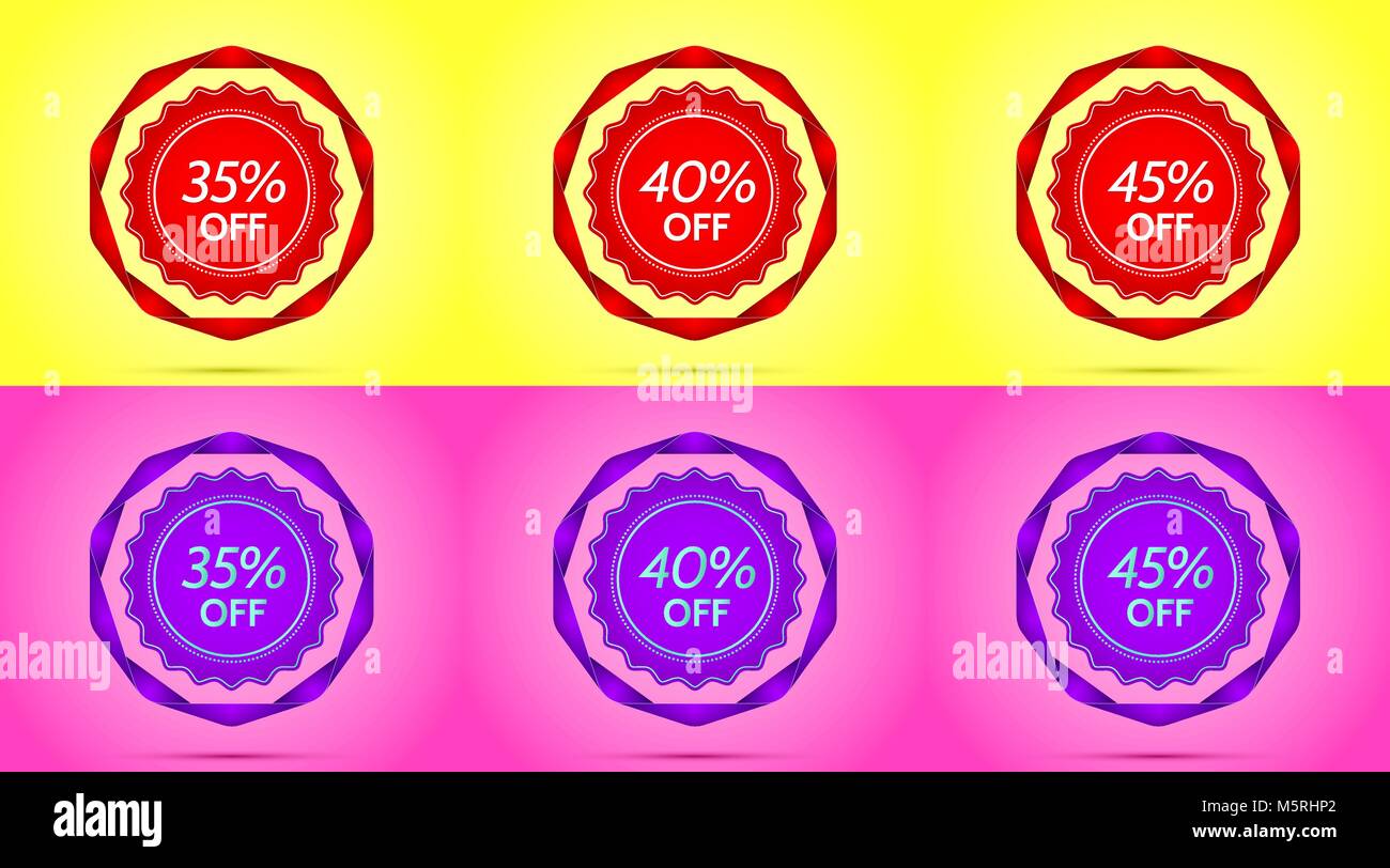 Set di rosso e viola i badge di vendita. Badge di vettore con offerta di sconto 35 40 45 percento di sconto, circondato da nastro ritorto, sul giallo e rosa indietro Illustrazione Vettoriale