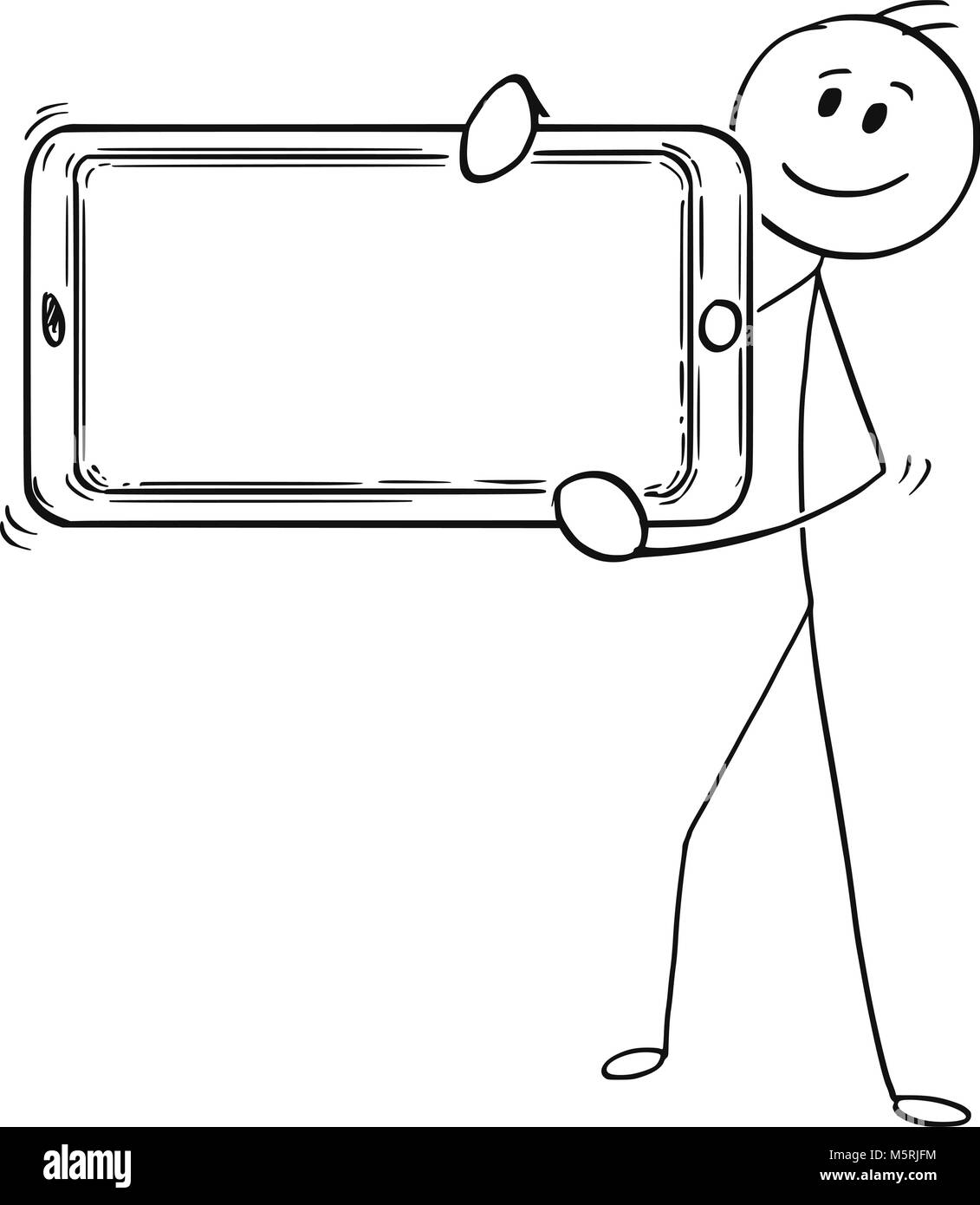 Cartoon di uomo o imprenditore azienda grande telefono cellulare come vuoto o vuoto segno Illustrazione Vettoriale