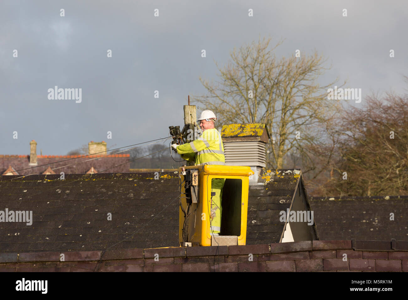 Un telefono BT ingegnere in un cestello gru / cherry picker funziona su un palo del telegrafo al di sopra di tetti Foto Stock