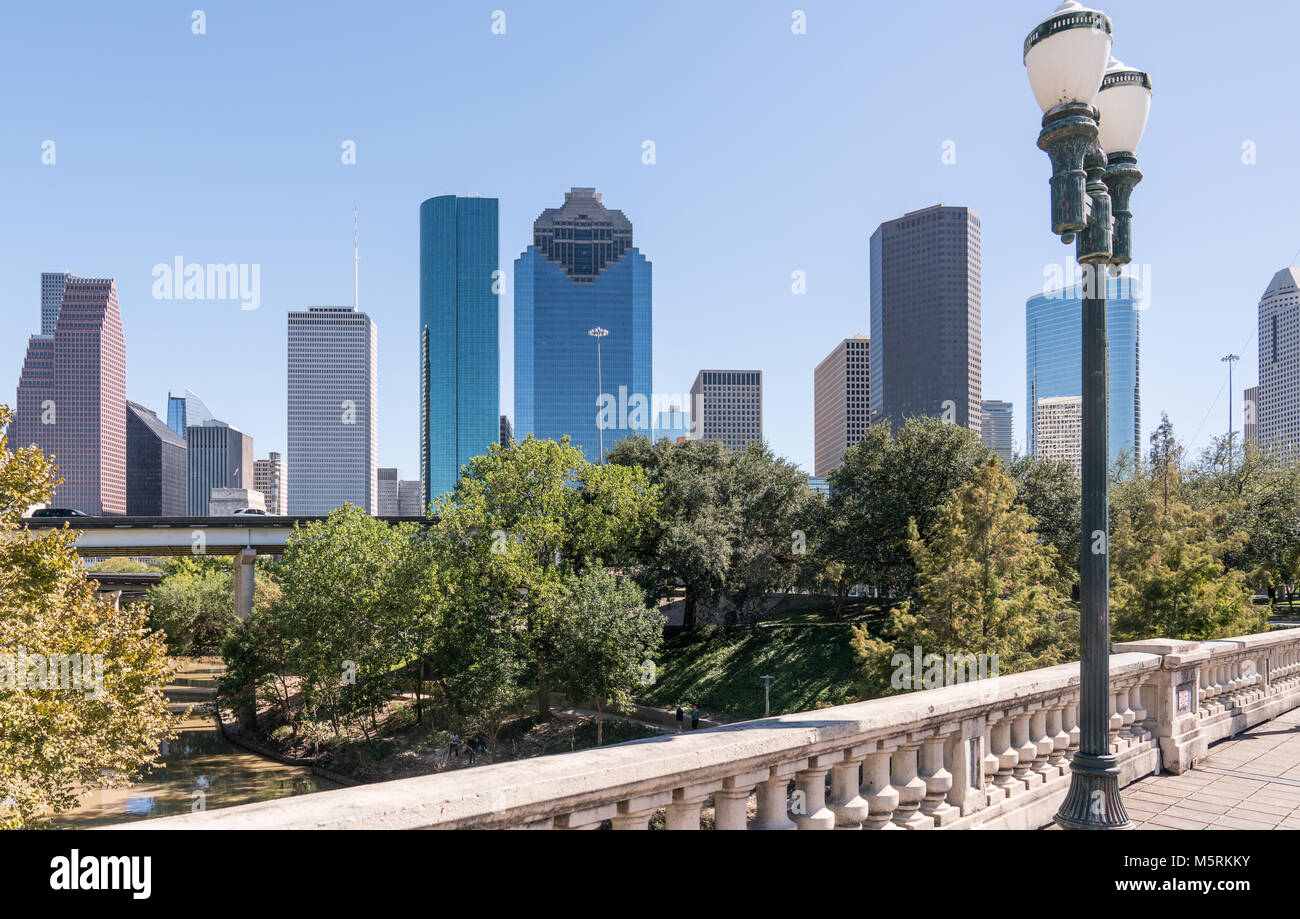 Houston, Texas skyline da Sabine Street Bridge Foto Stock