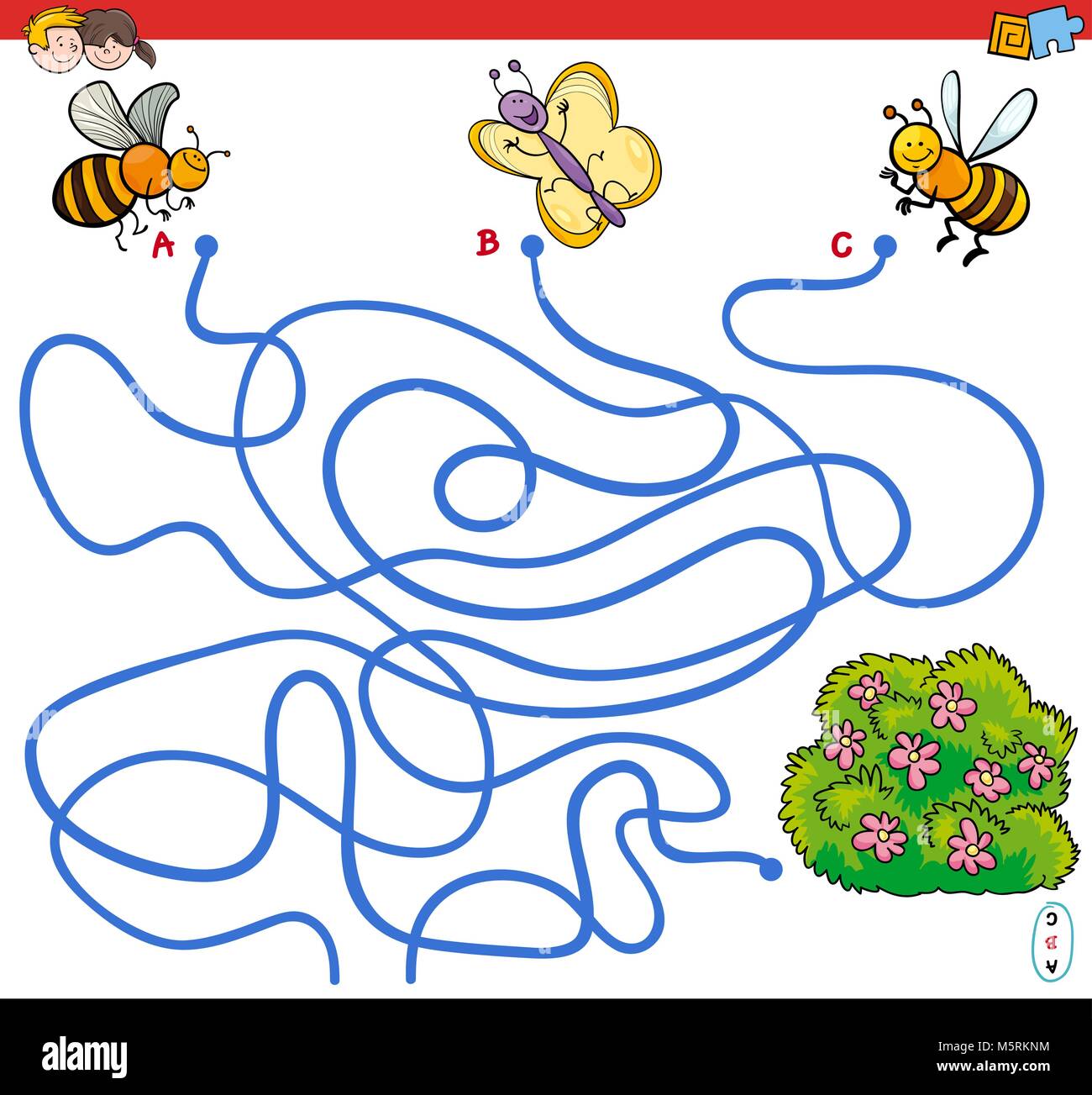 Cartoon illustrazione dei percorsi o labirinto attività di puzzle game con Divertenti ape e farfalla insetto caratteri con boccola in fiore Illustrazione Vettoriale