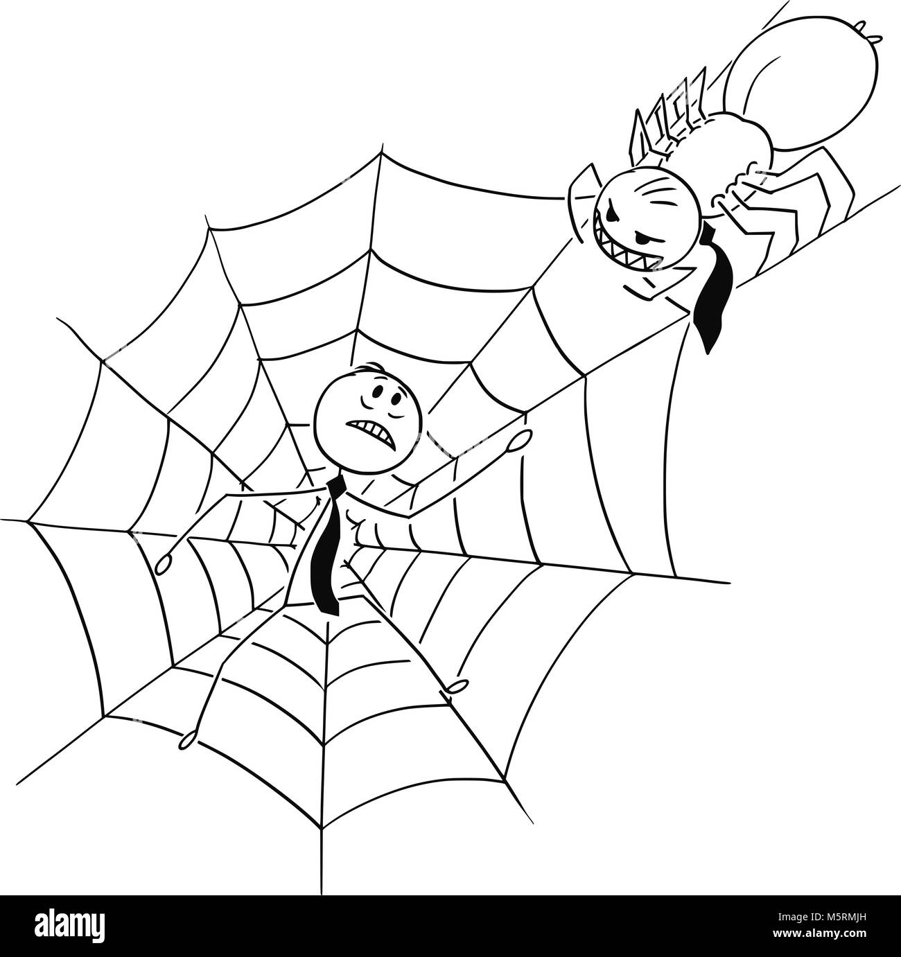 Cartoon di imprenditore intrappolato da Spider nel Web Illustrazione Vettoriale