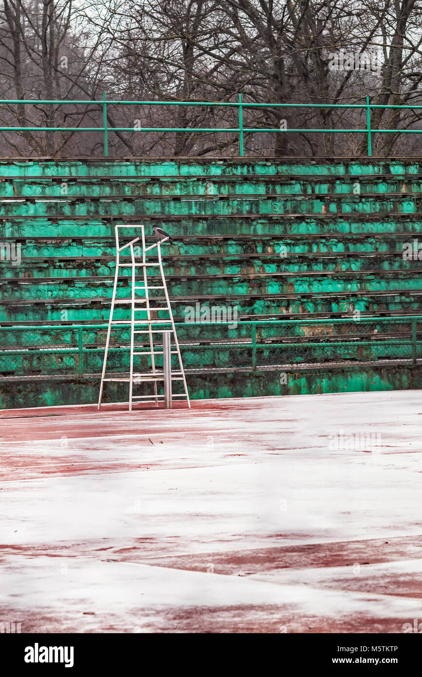Un corvo seduto sulla sedia bianca a snowy campo da tennis a Tallinn in Estonia. Il clima è troppo freddo per i giochi di tennis, così gli uccelli possono avere il cou Foto Stock
