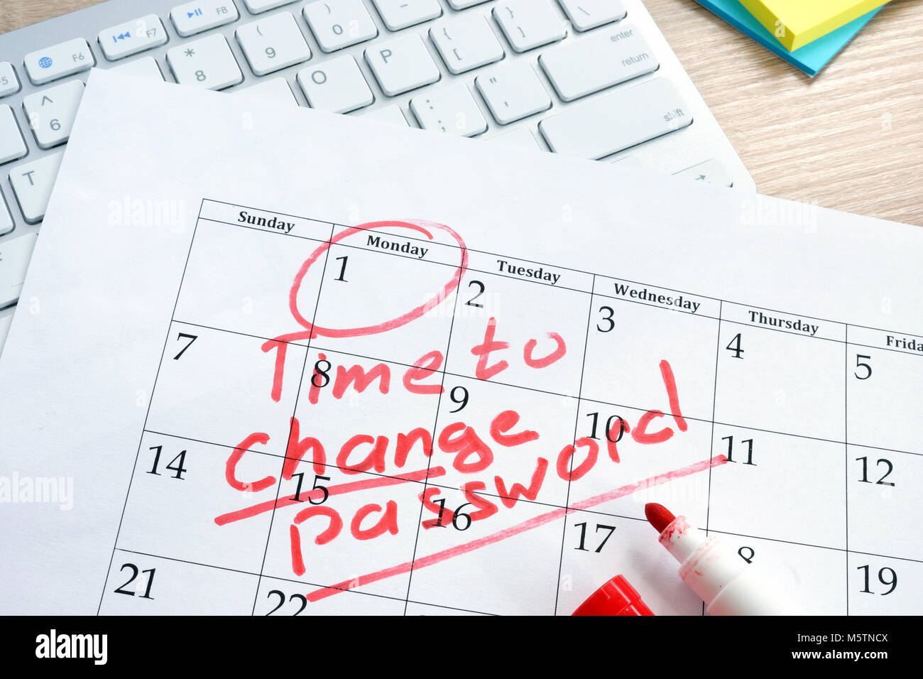 Calendario con parole di tempo per cambiare la password. La gestione delle password. Foto Stock