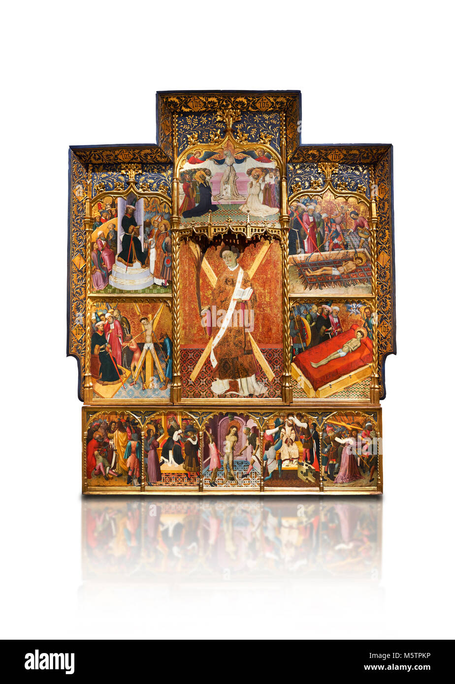 Pala gotica dedicata a San Vincenzo da Bernat Martorell circa 1483-1440 in Barcellona, tempera e oro lef su legno dalla chiesa parrocchiale di San Foto Stock