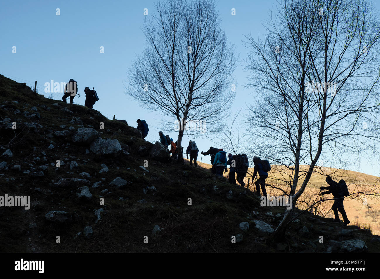 Ramblers gruppo di escursionisti persone escursionismo fino alla cima di una collina in linea in silhouette laterale. Abergwyngregyn, Gwynedd, Wales, Regno Unito, Gran Bretagna Foto Stock