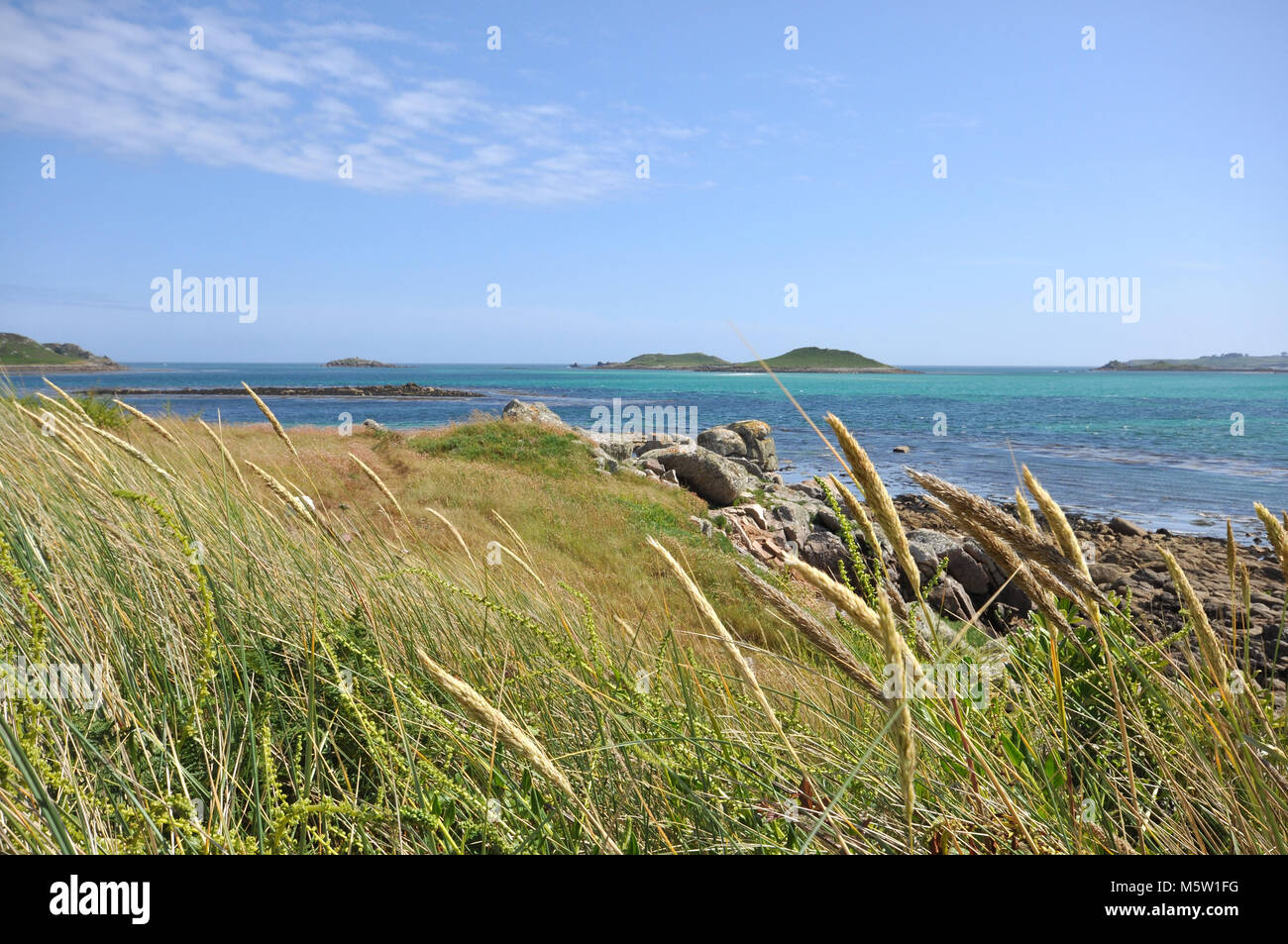 Spiagge soleggiate delle Isole Scilly, Regno Unito. Vista di una baia con erba in primo piano e cielo blu con le nuvole. Foto Stock