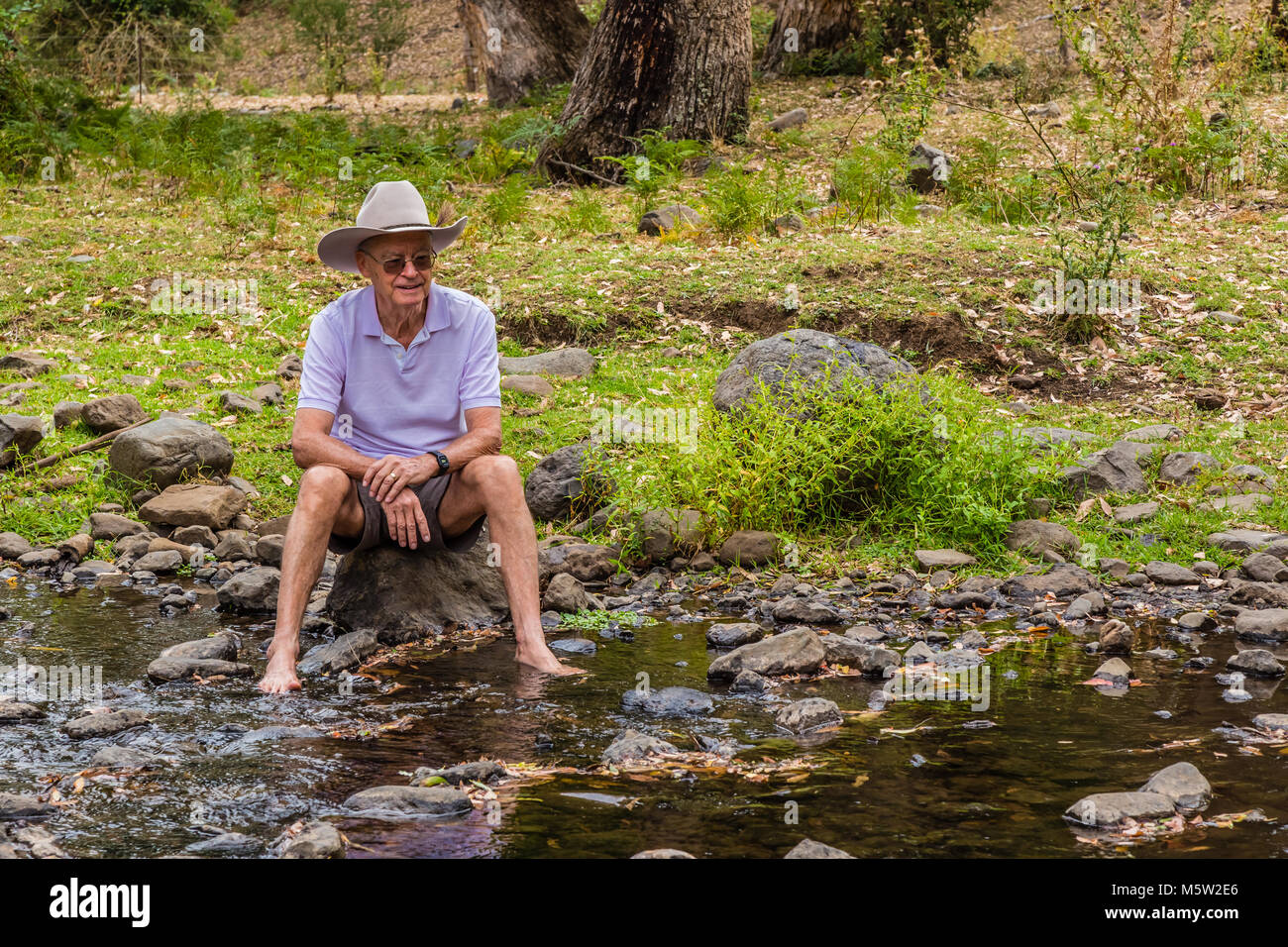Anziani uomo Australiano, indossando un stetson, seduta da un torrente in alto la Hunter Valley, NSW, Australia. Foto Stock