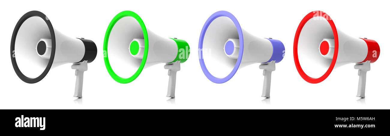 Bullhorns, megafoni collage su sfondo bianco per annuncio pubblico. 3d illustrazione Foto Stock