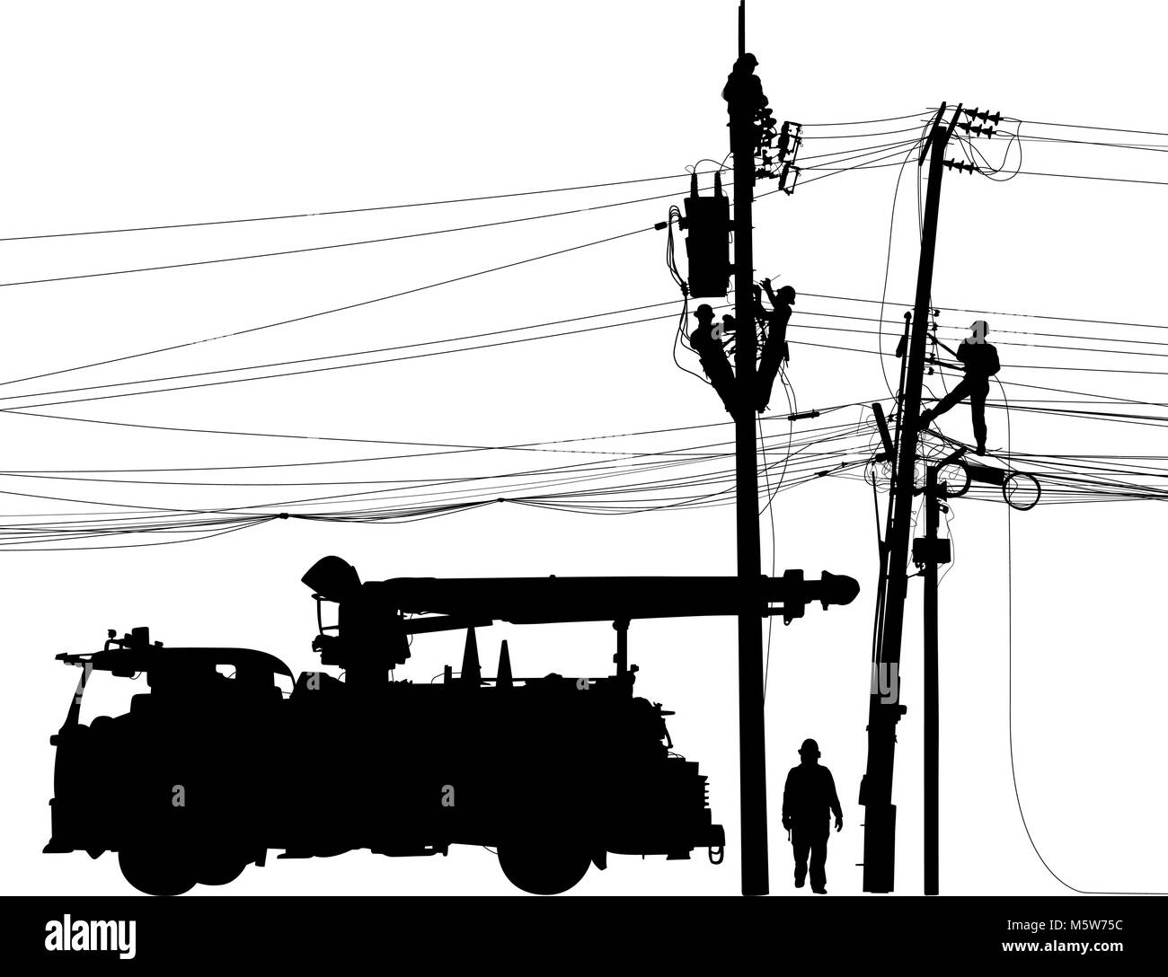 Vettoriale modificabile di silhouette repairmen eseguendo mainenance sui pali dell'elettricità e i cavi con il carrello come un oggetto separato Illustrazione Vettoriale