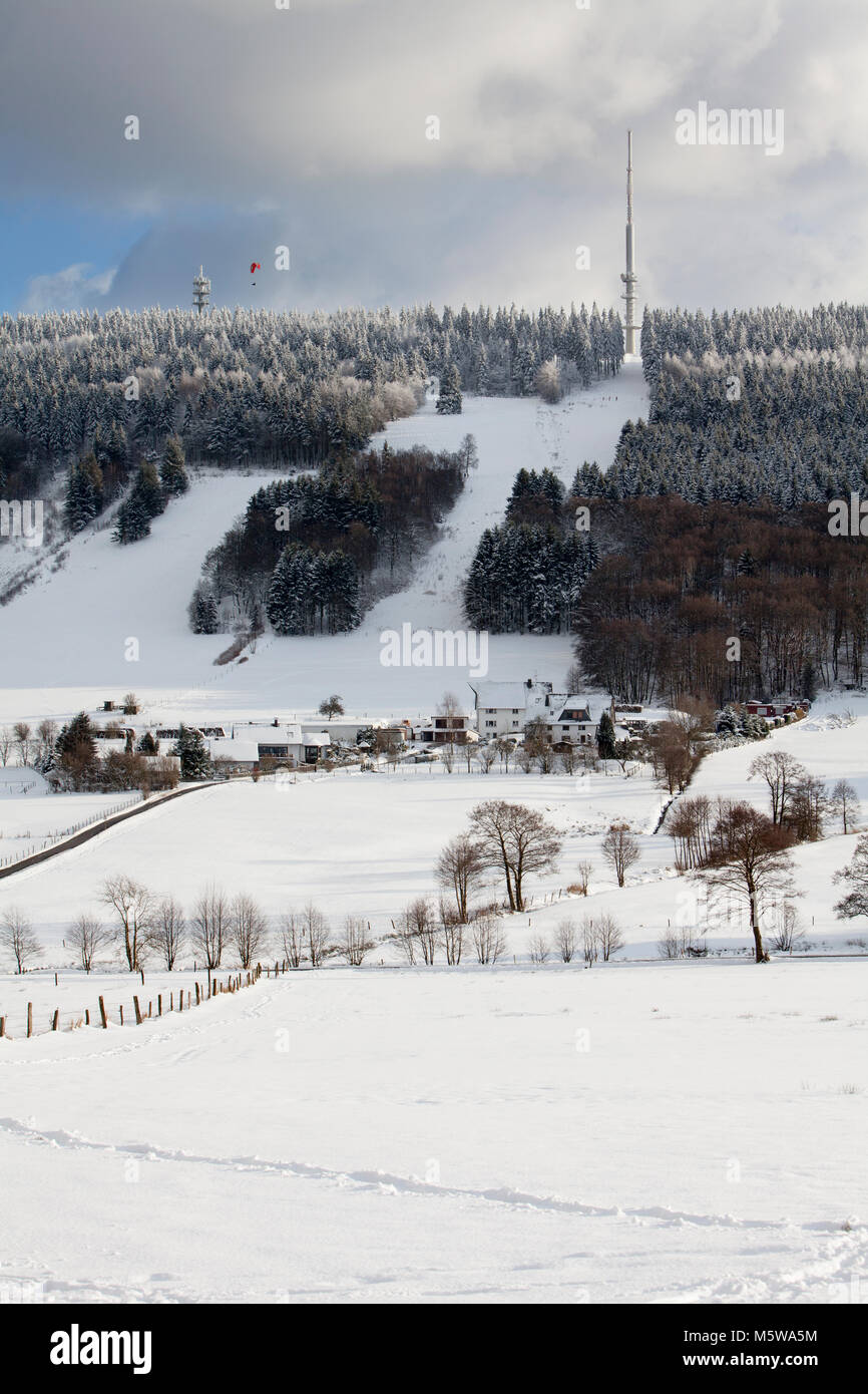 Torre delle telecomunicazioni al Ebbegebirge, vicino Reblin, Herscheid, Renania settentrionale-Vestfalia, Germania, Europa Foto Stock
