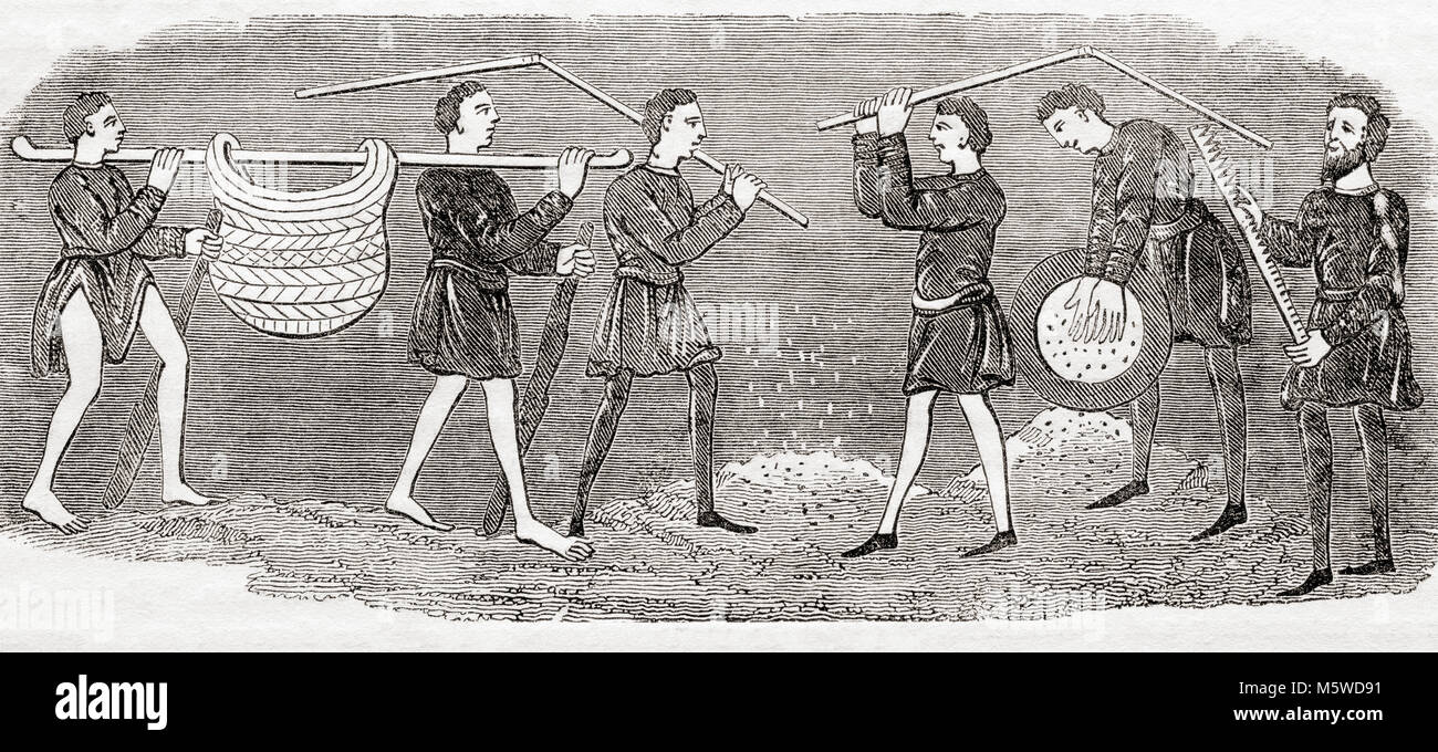 Trebbiatura e di spulatura il mais nel Medioevo. Da Vecchia Inghilterra: un museo pittorico, pubblicato nel 1847. Foto Stock