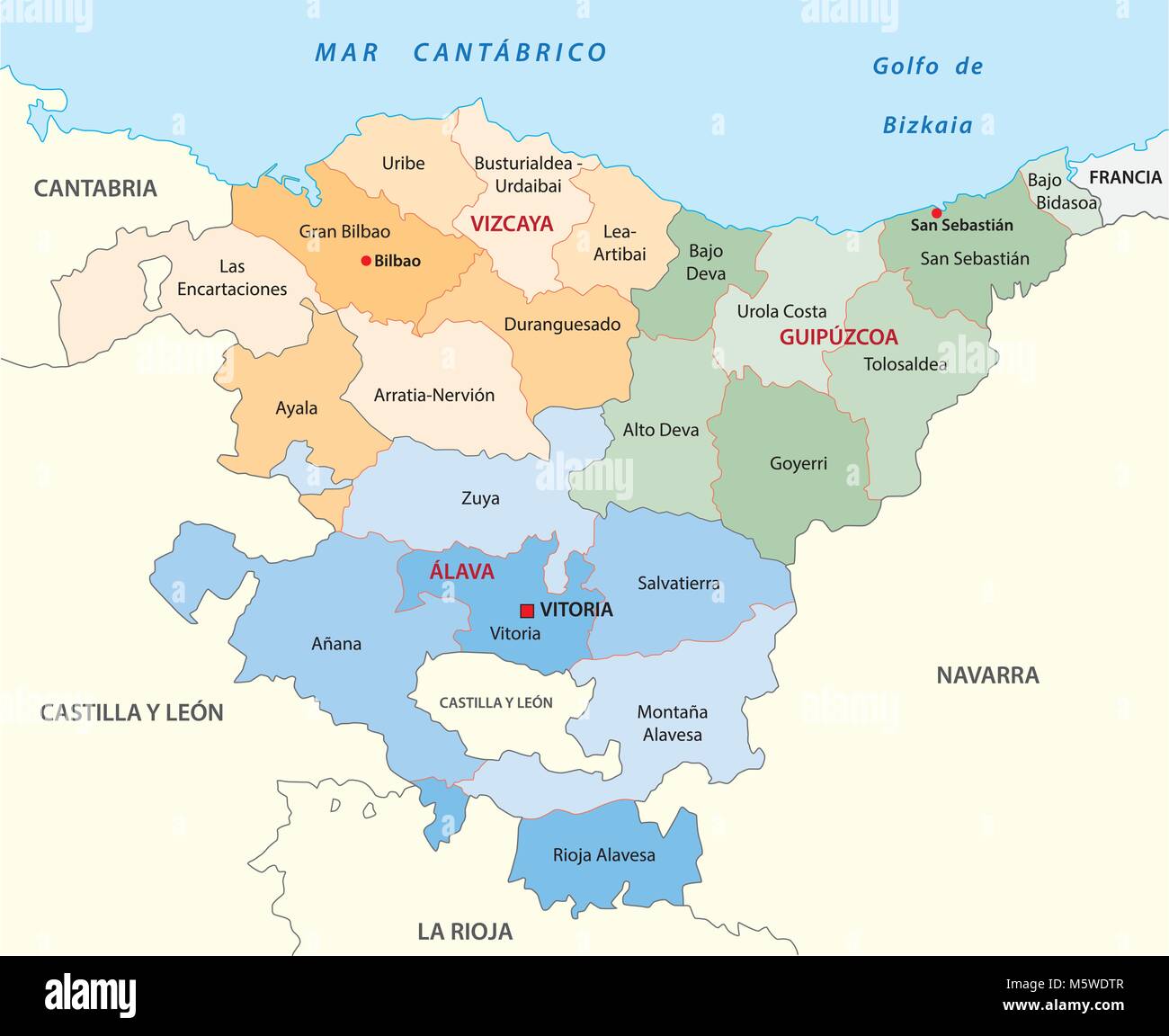 Il basco politica e amministrativa di mappa vettoriale in lingua spagnola.ai Illustrazione Vettoriale