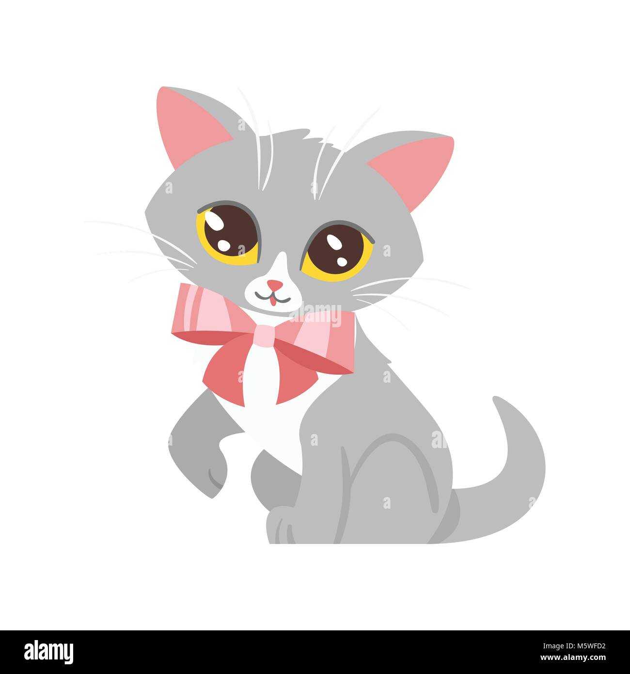 Vettore stile fumetto illustrazione di animale domestico pet - cute cat con fiocco rosa. Isolato su sfondo bianco. Illustrazione Vettoriale