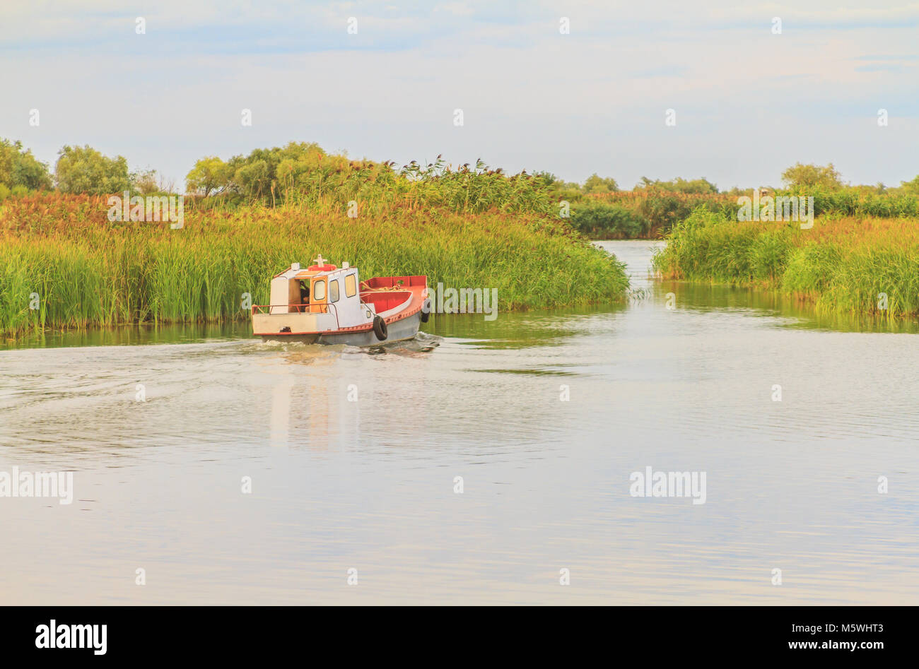 In barca nel Delta del Danubio a Sulina, Romania Foto Stock