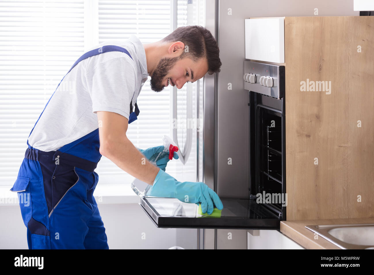 Casalinga pulizia forno a microonde con spugna in cucina, vista  dall'interno Foto stock - Alamy