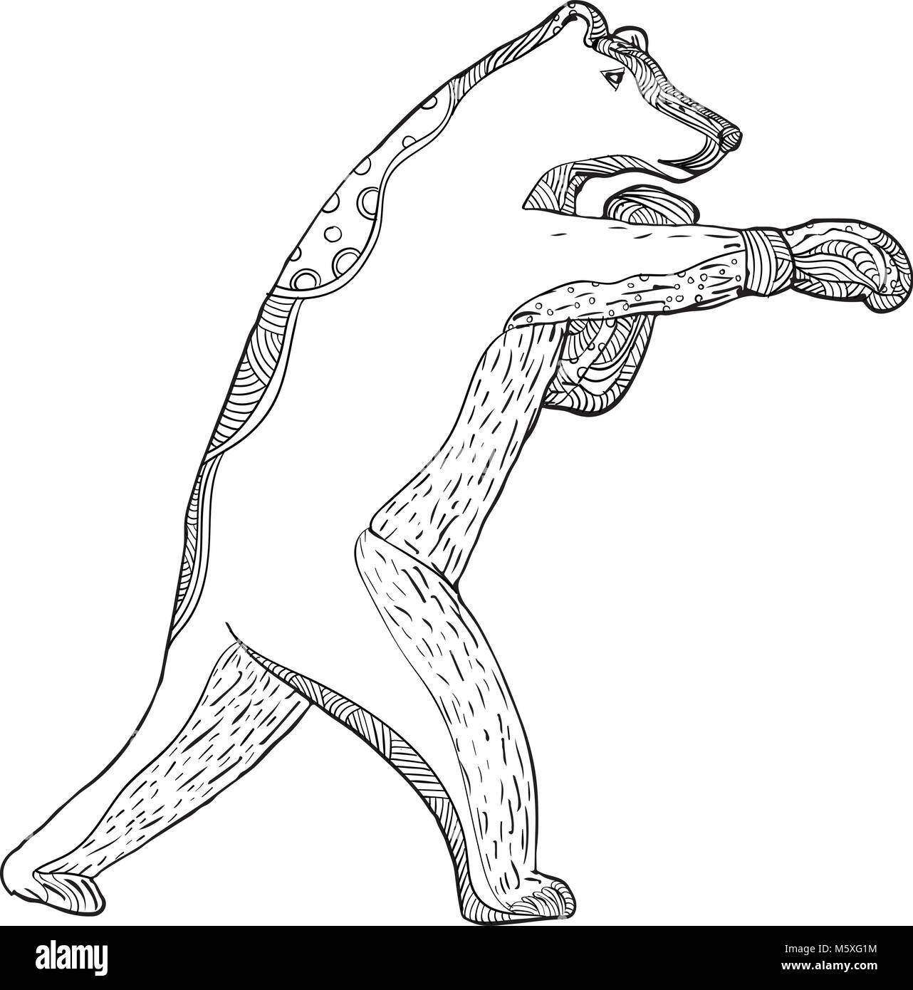 Doodle arte illustrazione di un orso grizzly o orso bruno boxer boxing visto dal lato in bianco e nero eseguita in stile mandala. Illustrazione Vettoriale